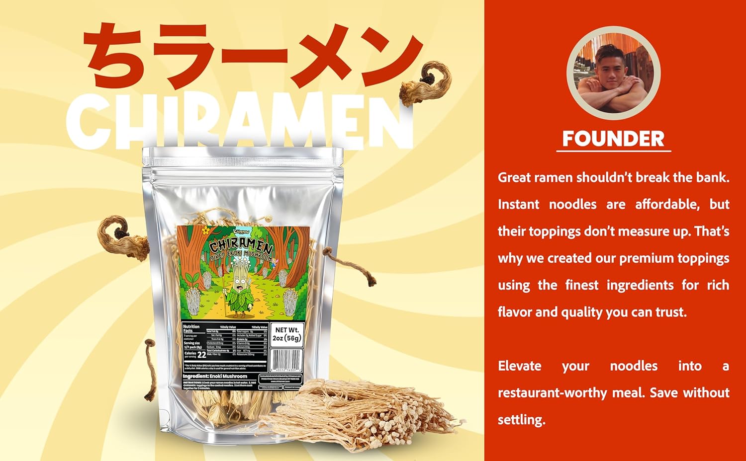 CHIRAMEN Dried Enoki Mushroom Ramen Toppings – Premium Freeze Dried Enoki Mushrooms for Ramen, Cup Noodles, Soups, Hot Pot & Asian Noodle Dishes - Image 4