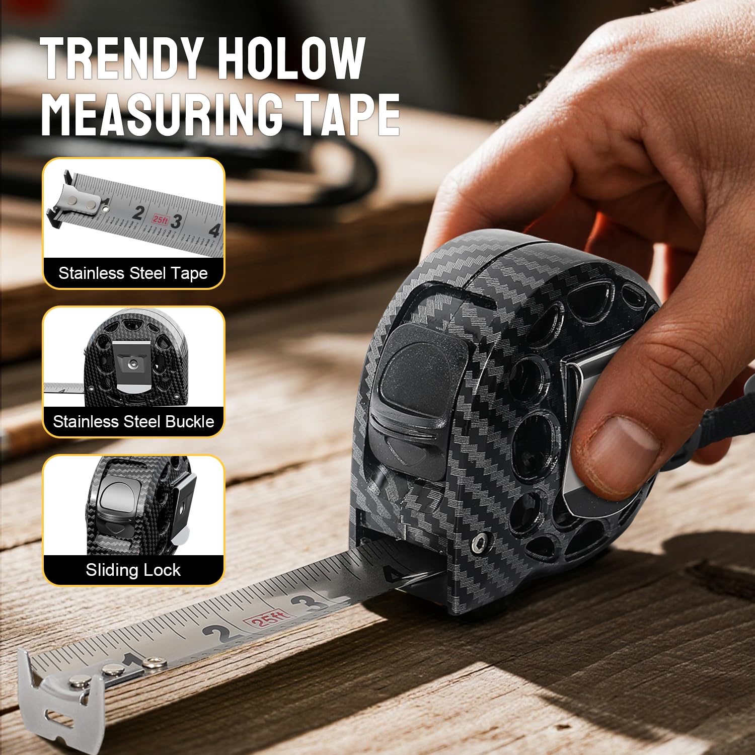 STEELITE Tape Measure 25'FT Stainless Steel Waterproof & Rustproof Retractable Measuring Tape with Hollow Design Carbon Fiber - Image 7