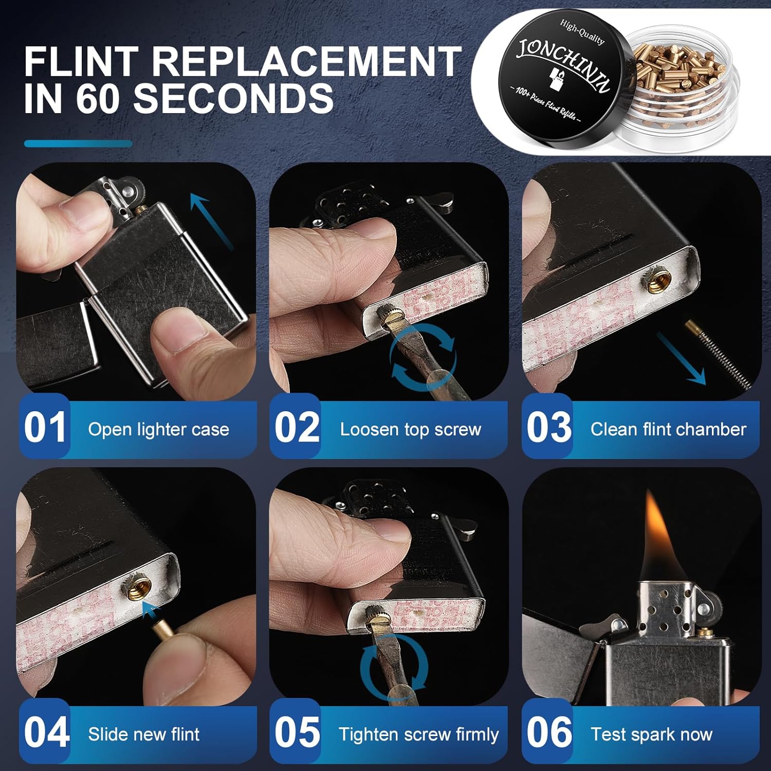 Lighter Flints 100+ Pcs and Cotton Wicks 20 Pcs, Premium Lighter Repair Kit, Compatible with Zippo and Clipper, Most Petrol Gas Fluid Lighters, Long-Lasting, Fast-Igniting and Durable JONCHINJN - Image 7