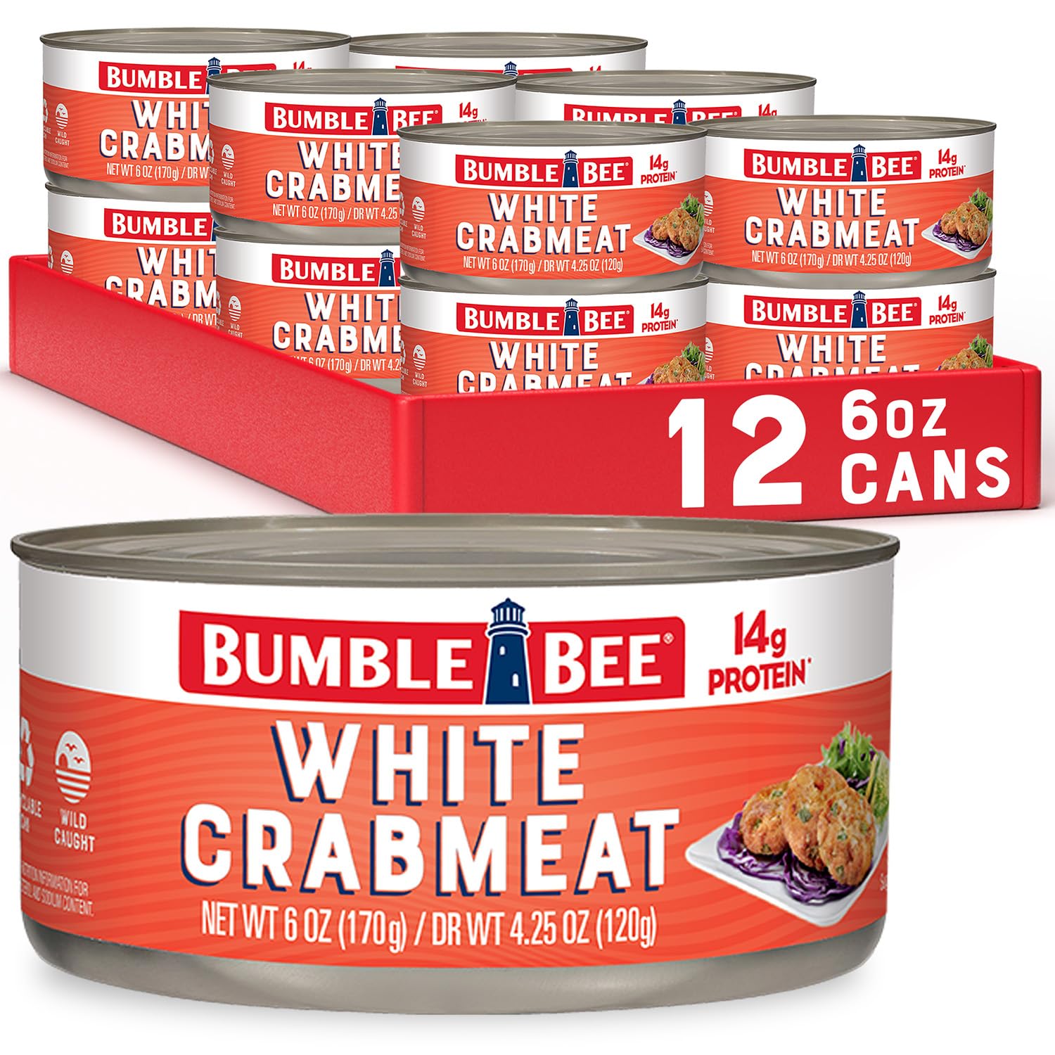 Bumble Bee White Flake Crab Meat in Water, 6 oz Can - 14g Protein & 1g Carb Per Serving - Wild Caught, Flaky, Drain Before Use, 6 Ounce (Pack of 12)
