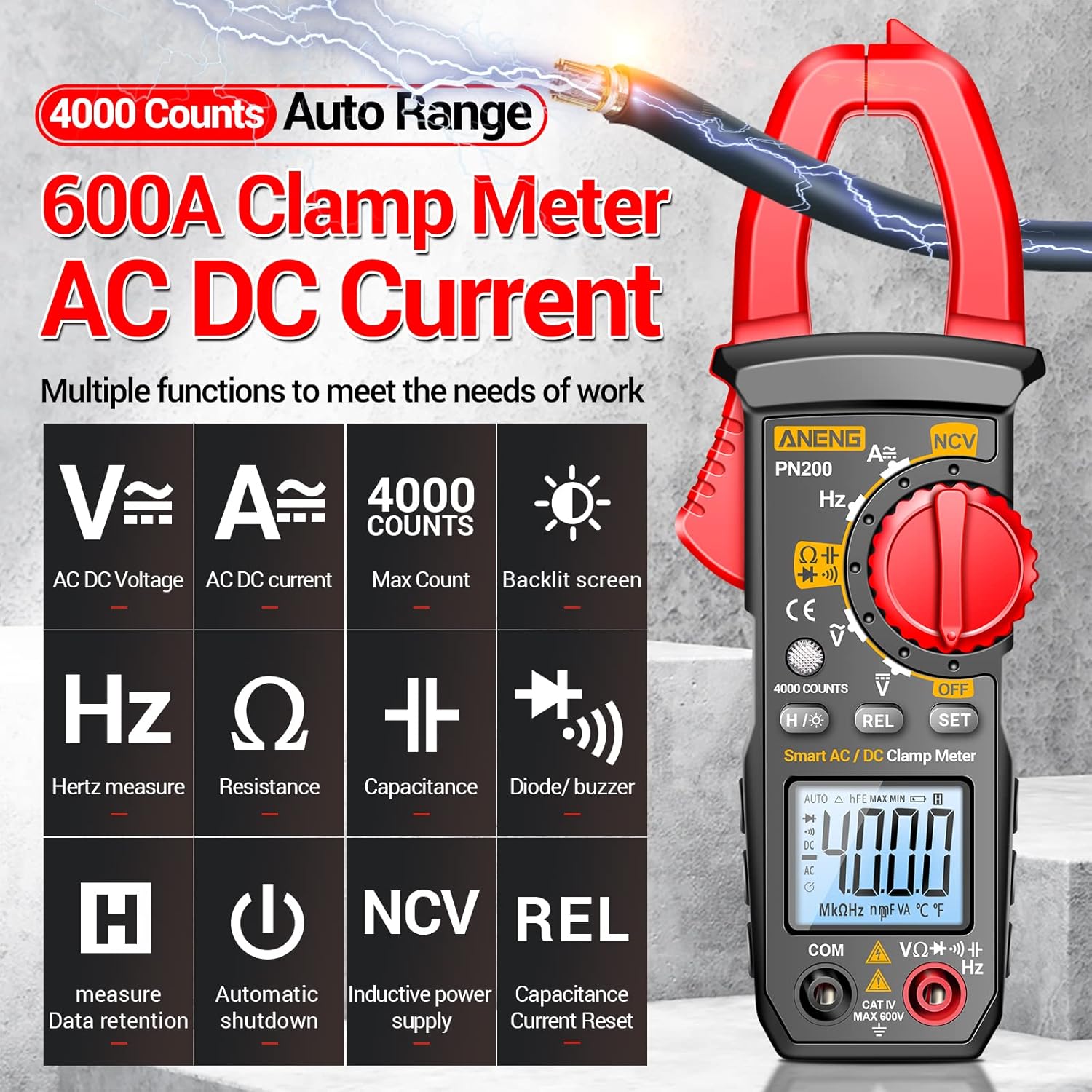 ANENG Digital Clamp Meter Multimeter Tester with AC/DC Current,Voltage, NCV Amp Ohm Volt 4000 Counts Meter Measures Capacitance, Resistance, Diodes, Continuity Frequency Backlight Electrican Tools - Image 2