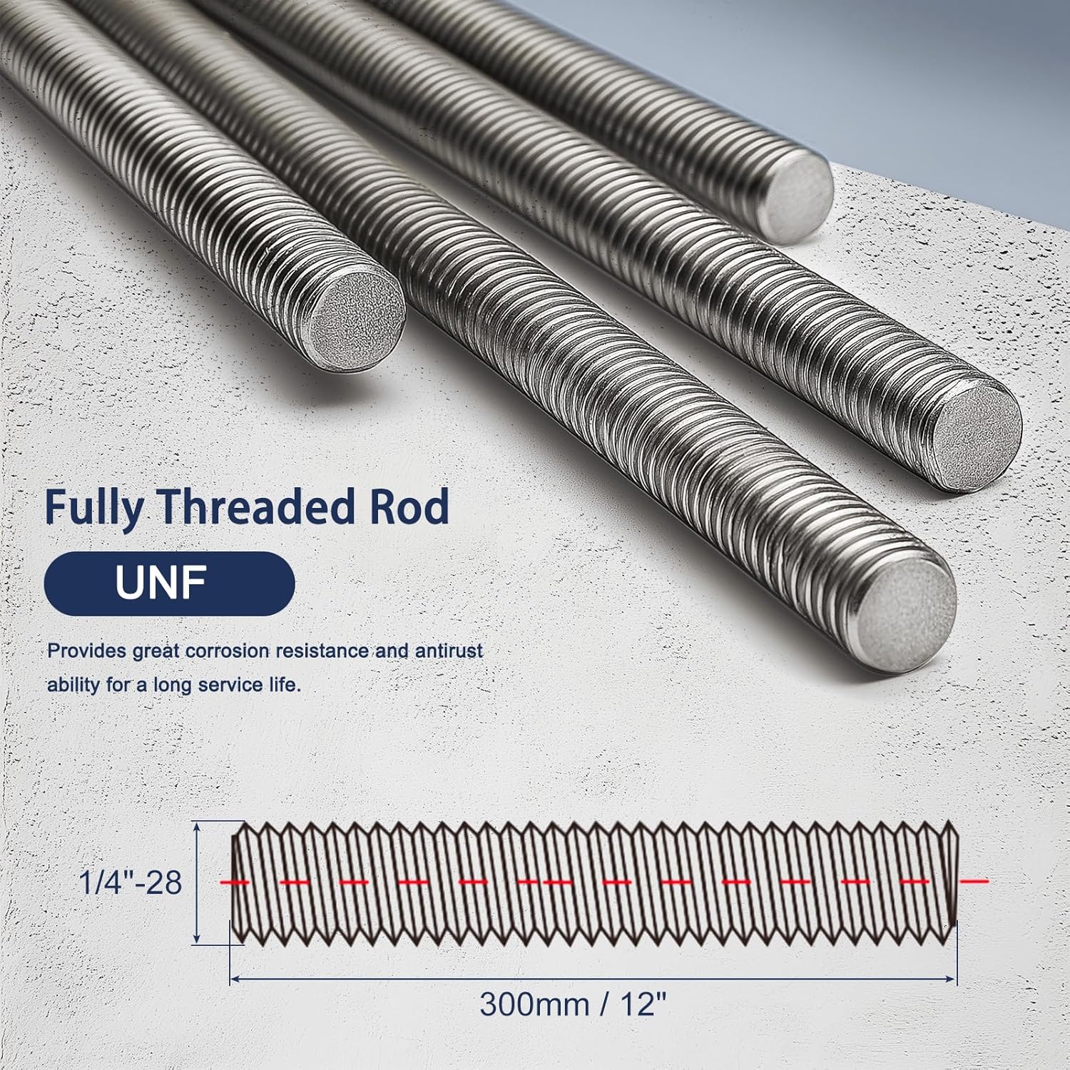 1/4"-28 Fully All Threaded Rod & Studs, 12" Length, 304 Stainless Steel Right Hand Fine Thread Screw for Furniture Anchor Bolts, Clamps, Hangers and U-Bolts 2 Pack - Image 2
