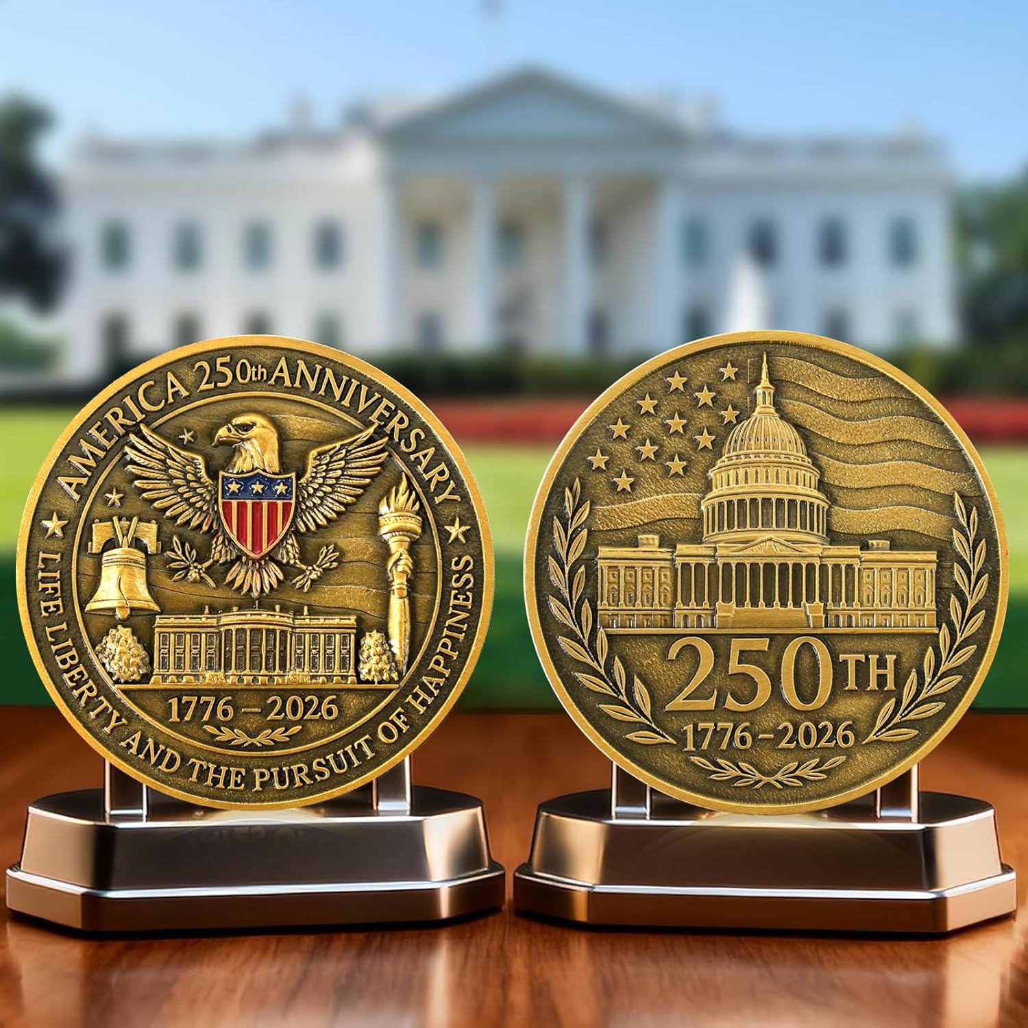 America 250th Independence Anniversary Commemorative Coin, Golden Eagle, Flag & Liberty Bell Challenge Coin USA 1776-2026, Metal Collectible Medal for Celebration & Gift - Image 2