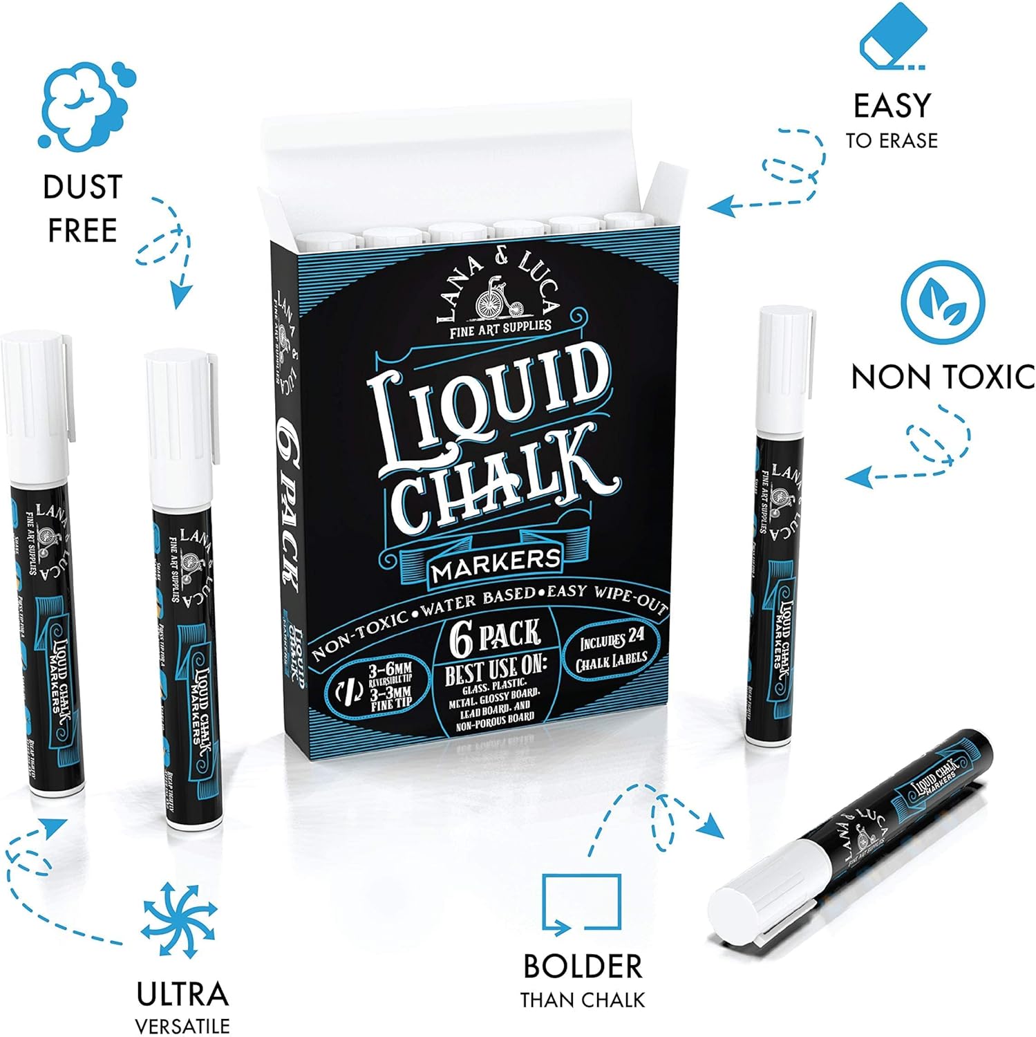 Liquid Chalk Marker Pen - White Dry Erase Marker - Chalkboard Signs, Windows, Blackboard, Glass (6 Pack) 3-6mm Reversible Tip, 3-3mm Fine Tip - Image 2