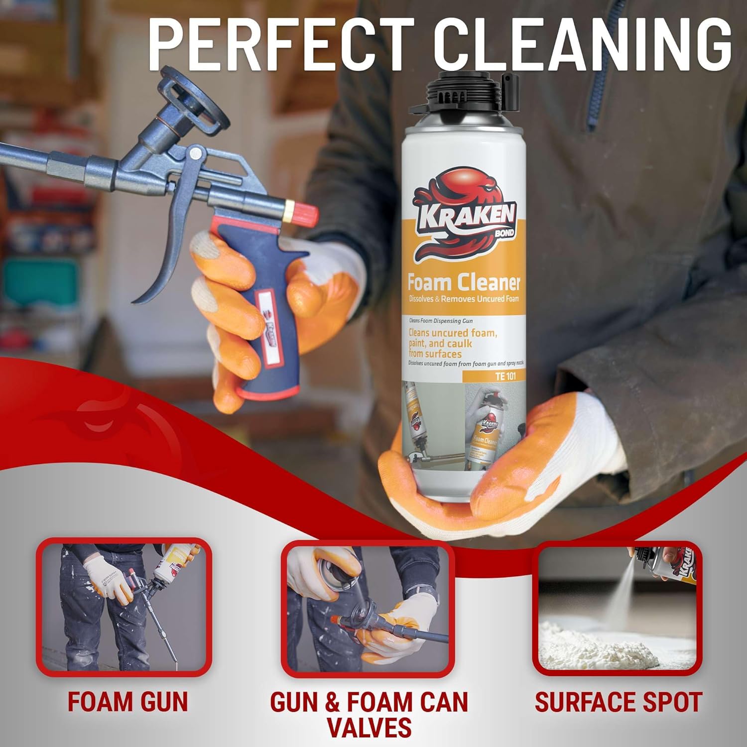KRAKEN BOND Spray Foam Gun Cleaner - (1x12.3oz) Polyurethane Insulation Cleaner Spray, Dissolves Uncured Expanding Foam Cleaner Spray for Extended Tool Durability - 1 Pack - Image 5