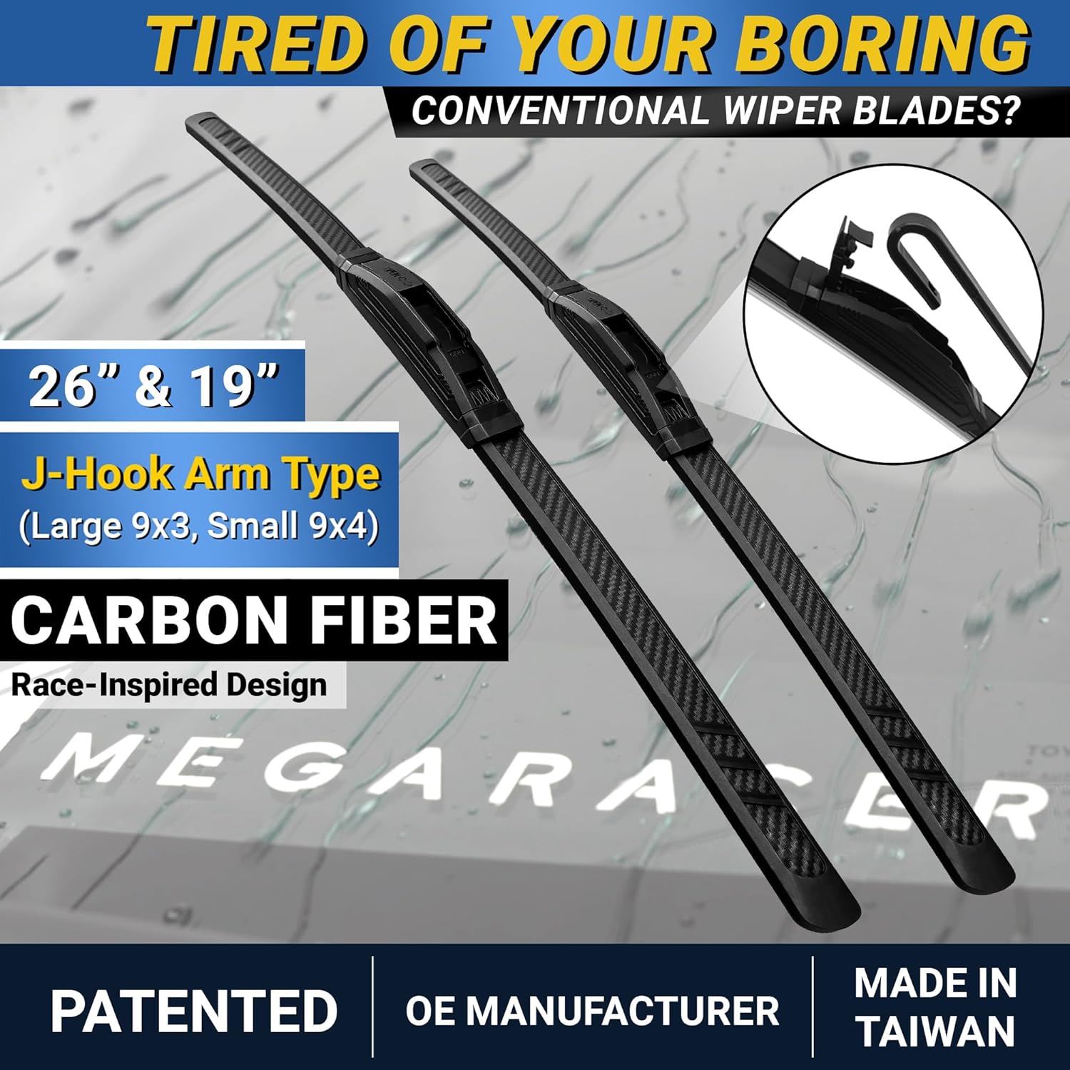 Premium Silicone Carbon Fiber Windshield Wiper Blades 26" & 19" - Patented All-Season, Quiet & Smooth Streak-Free Clean Wipe, OEM Quality, Front Automotive Replacement Wipers for Car & Truck (2 Pack) - Image 2
