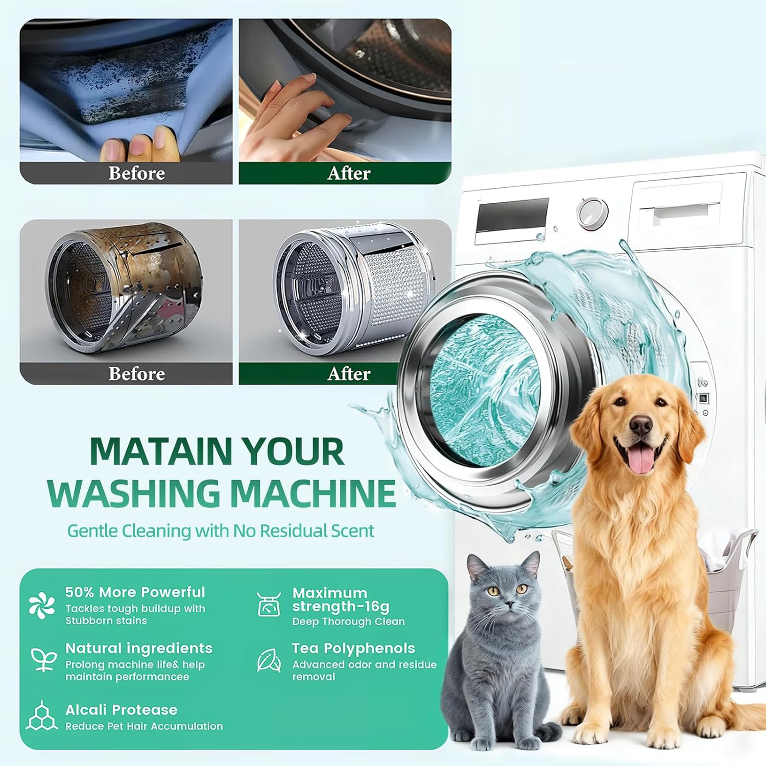 SOPAMI Washing Machine Cleaner Tablets 12 Pack, Deep Clean HE Front Load Top Load Washer, Remove Stubborn Pet Hair Odors, Septic Safe Pet Owner Solution washing machine tablets - Image 3