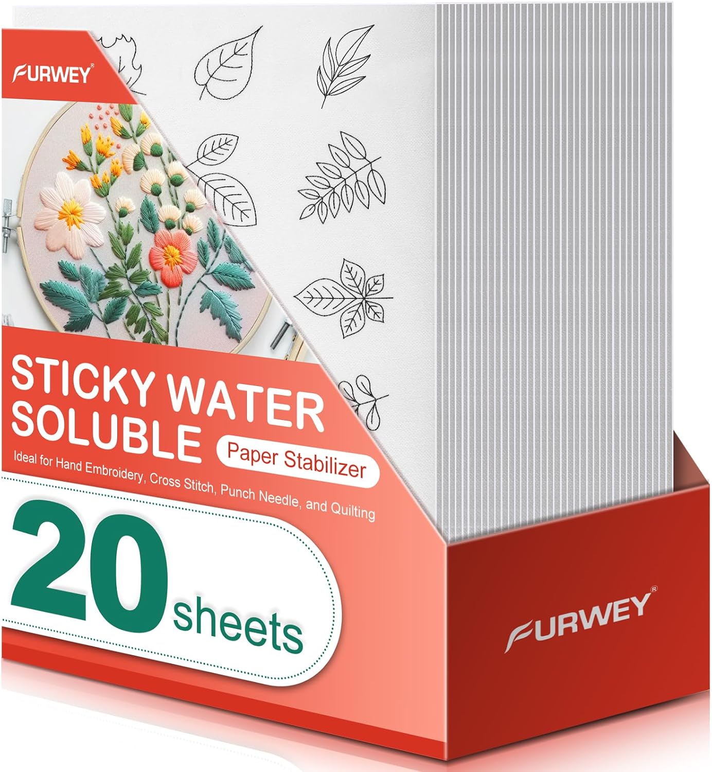 FURWEY 20PCS 8.5"x11" Wash Away Embroidery Stabilizer – Self Adhesive & Printable, Water Soluble Paper for Hand and Machine Use