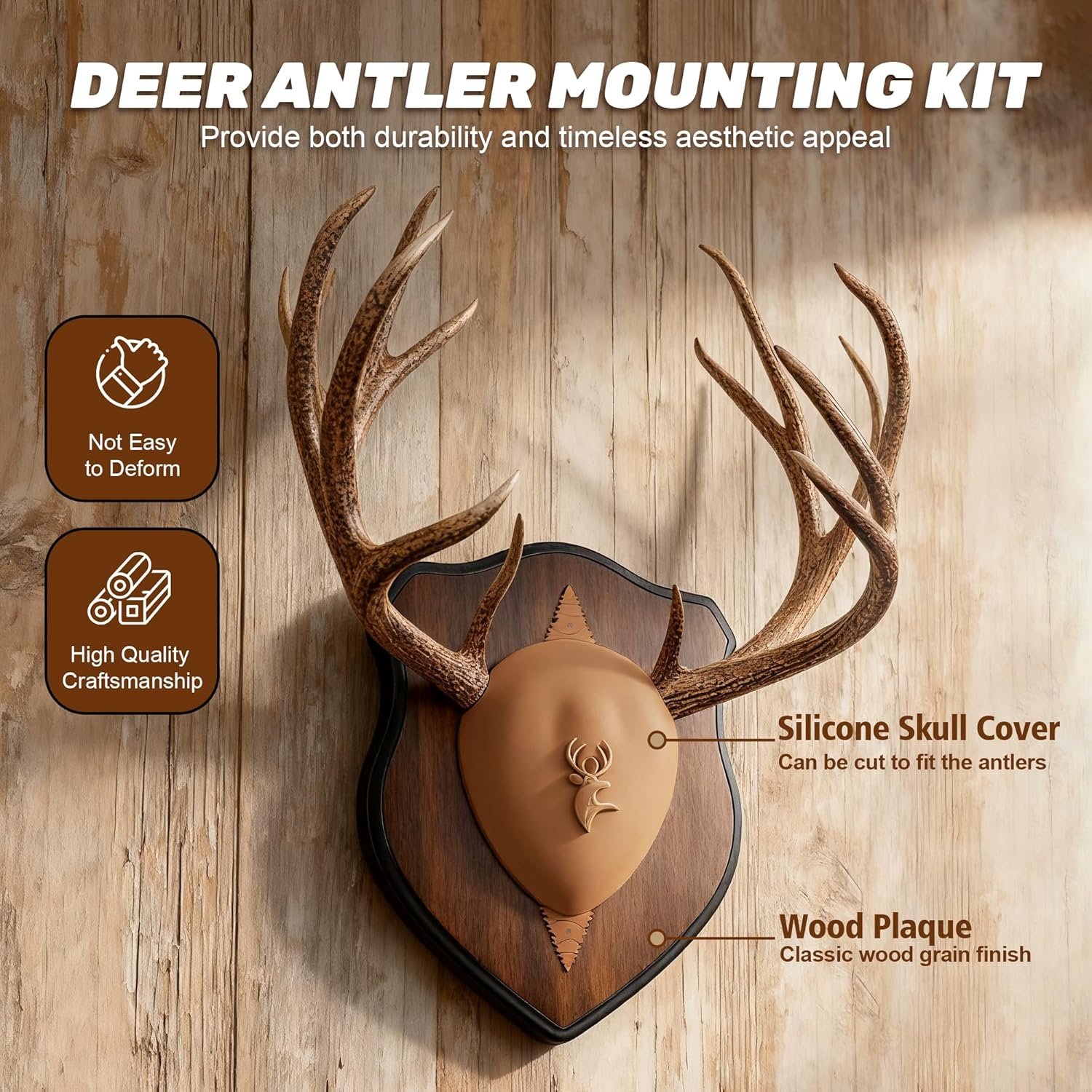 Deer Antler Mounting Kit, Wood Plaque Antler Mounting Kit with Silicone Skull Cover, Hardware Included (Brown Skull Cover,4 Pack) - Image 3