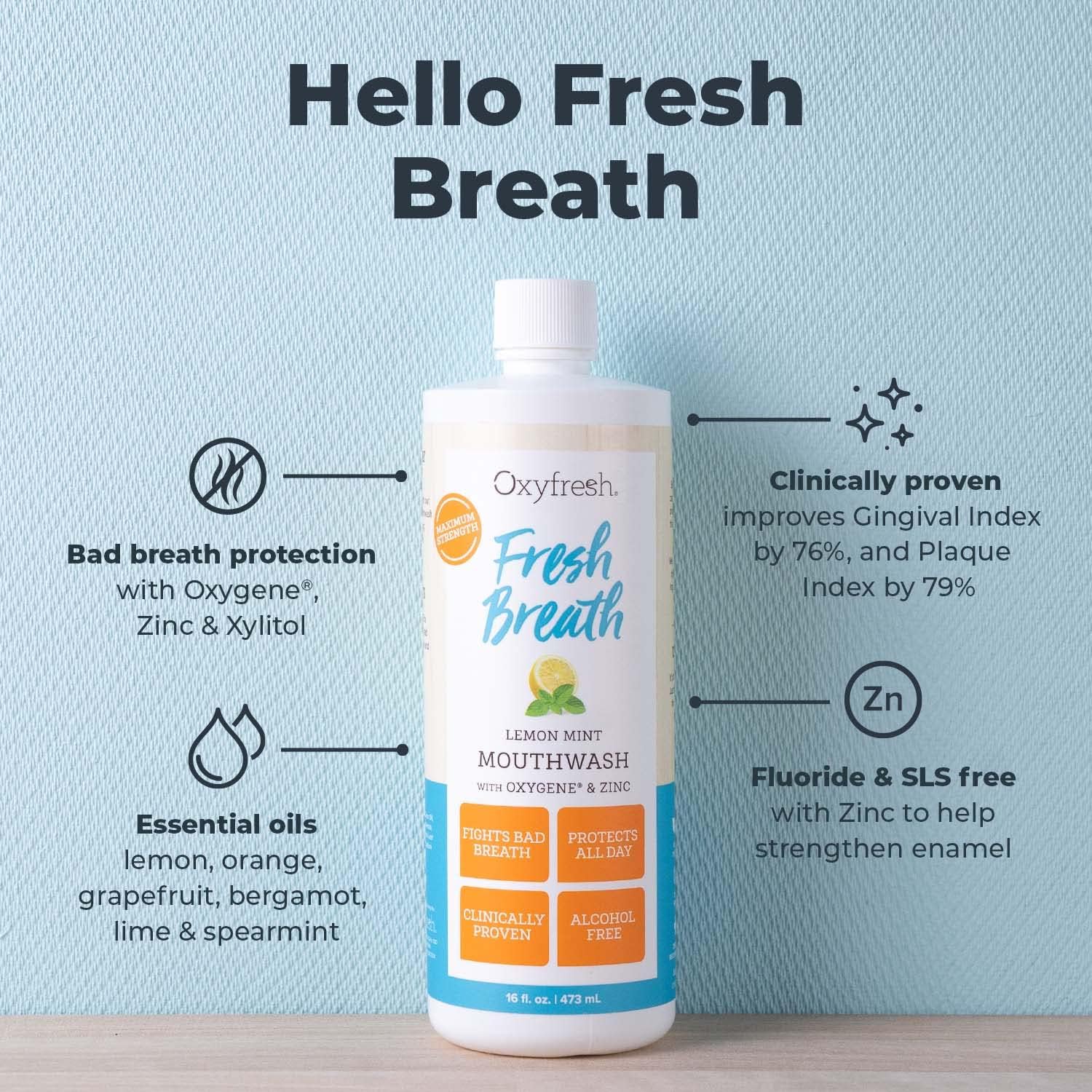 Oxyfresh Lemon Mint Fresh Breath Mouthwash – Bad Breath Treatment – SLS & Fluoride Free – Alcohol Free, Gentle Nonburning with Xylitol & Essential Oils – 16 Fl Oz (Pack of 3) - Image 2