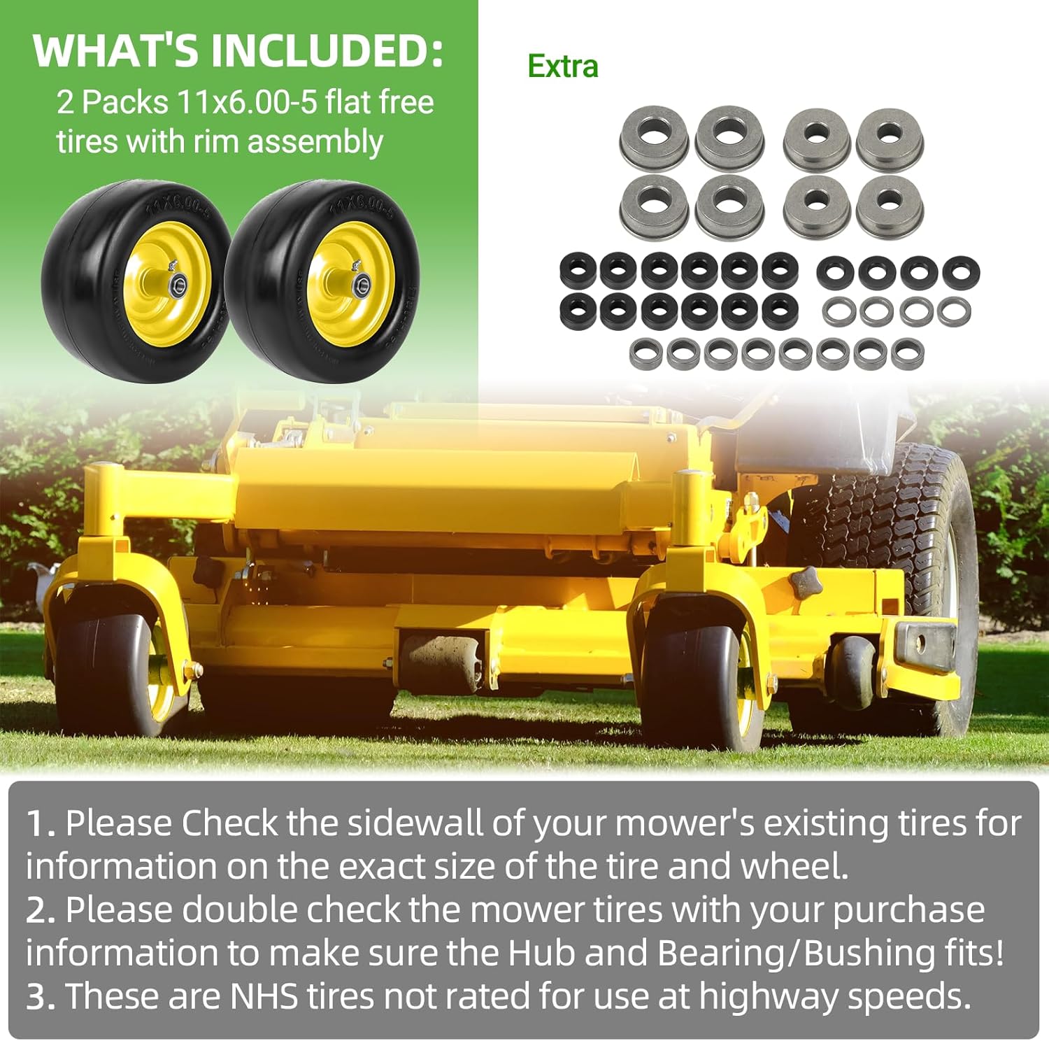 AR-PRO 11x6.00-5 Flat Free Tire and Wheel - Relacement 11x6-5 Solid Rubbe Riding Lawn Mower Tire with Rim, 5.3"-7.5" Centered Hub and 3/4" Bearings - Fit Most Zero Turn Mowers (2-Pack) - Image 6