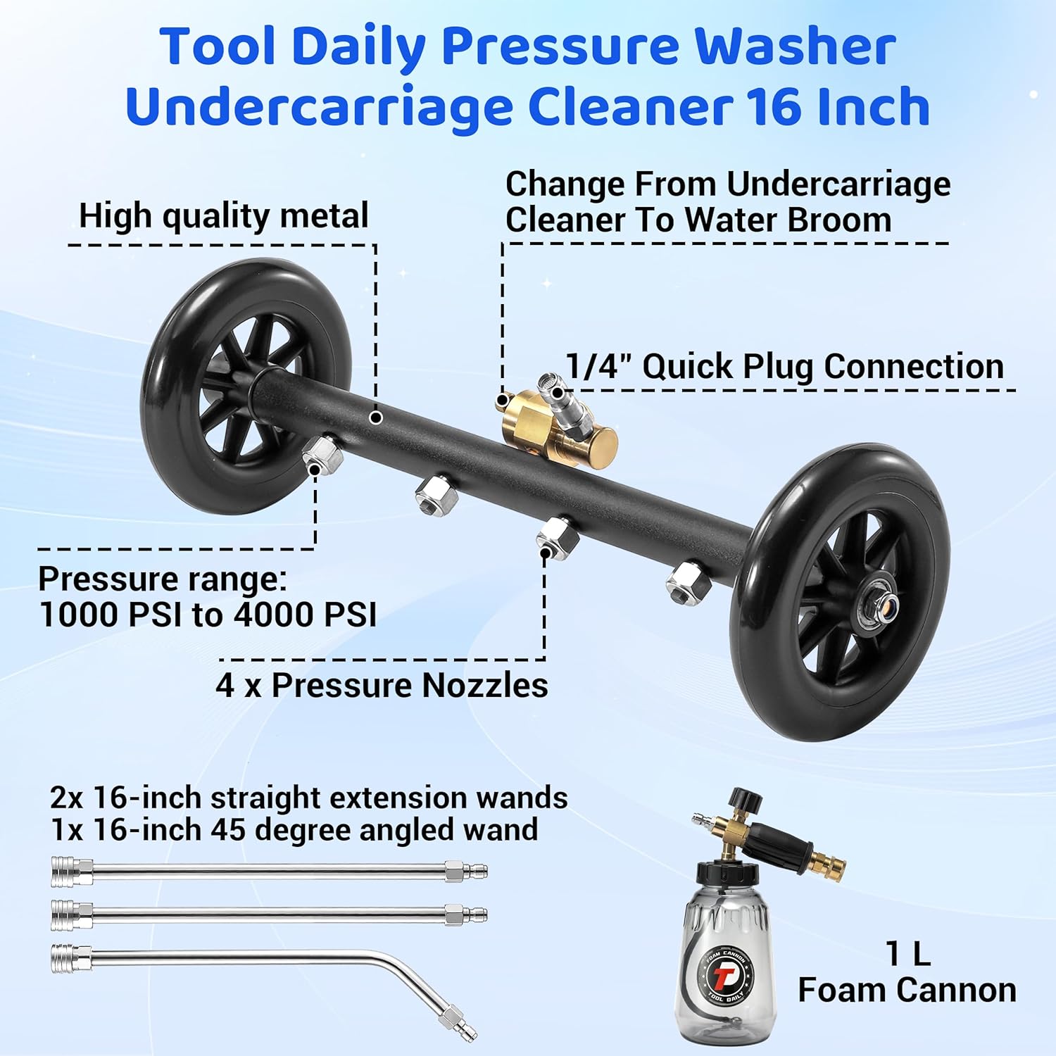 Tool Daily Undercarriage Pressure Washer Attachment 16 Inch, Dual-Function Undercarriage Cleaner with 1-Liter Foam Cannon, Under Car Wash Water Broom with 3 Pieces Extension Wand, 3600 PSI - Image 3