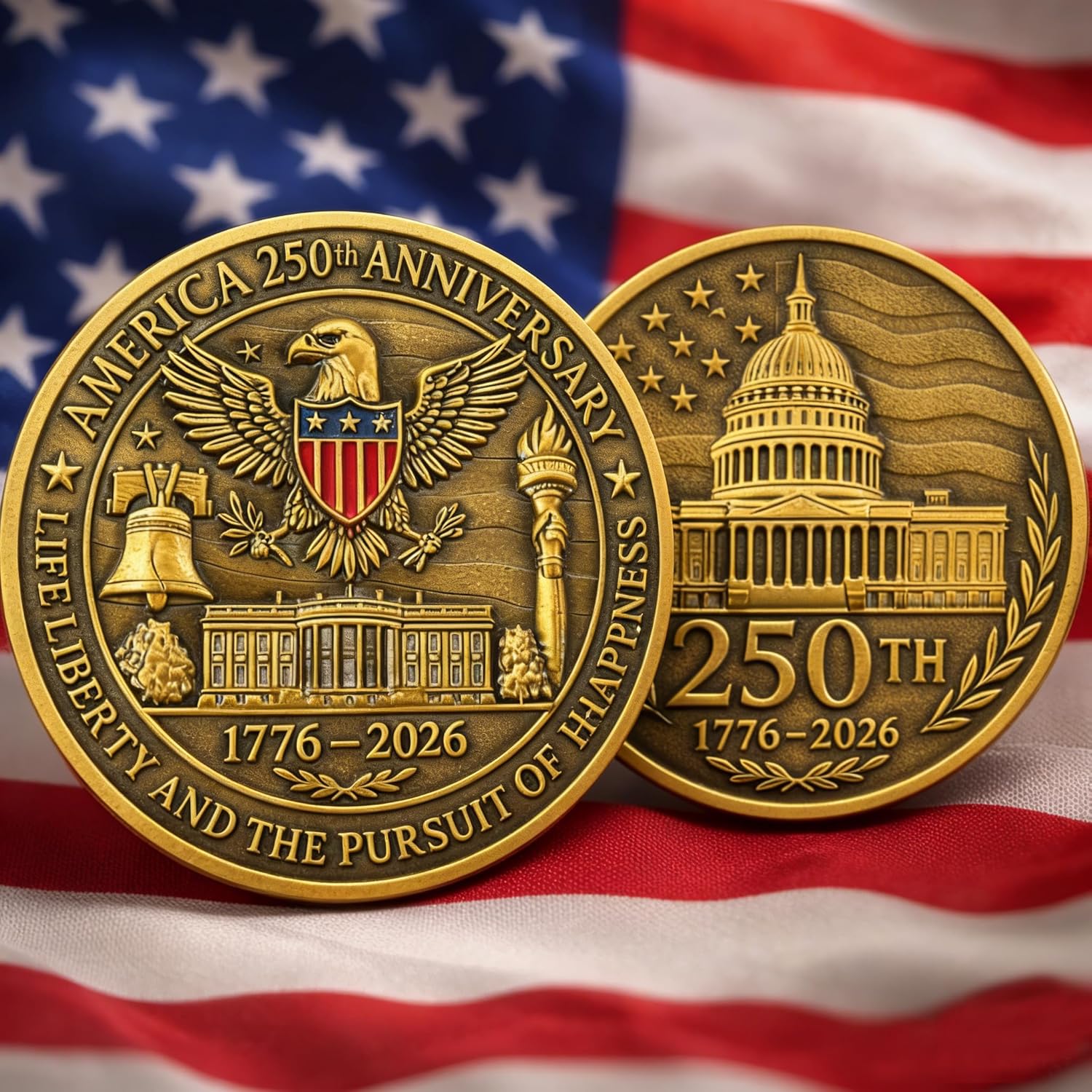America 250th Independence Anniversary Commemorative Coin, Golden Eagle, Flag & Liberty Bell Challenge Coin USA 1776-2026, Metal Collectible Medal for Celebration & Gift - Image 6