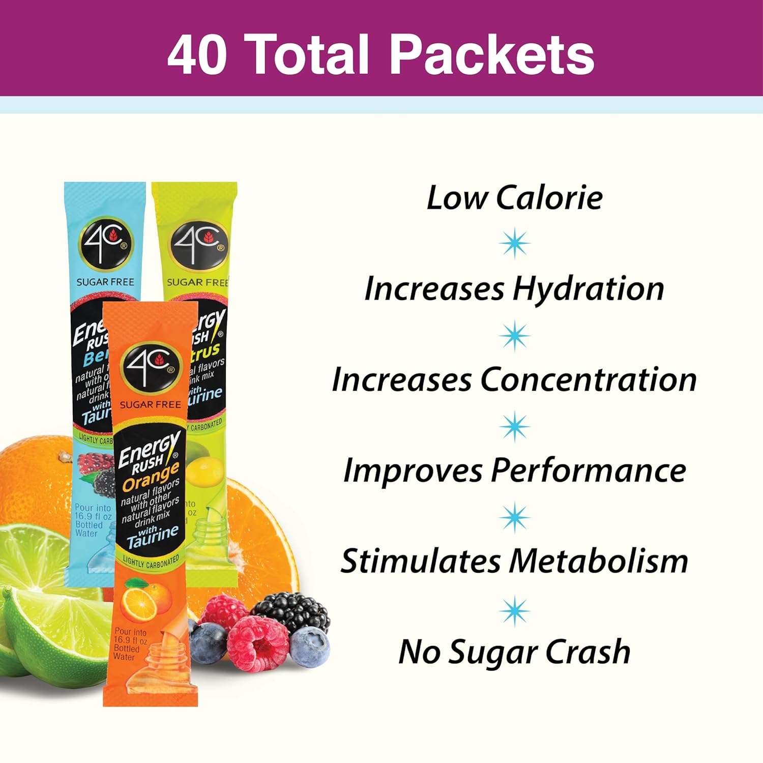 4C Energy Rush Stix, Variety 1 Pack, 40 Count, Single Serve Water Flavoring Packets, Sugar Free with Taurine, On the Go Bundle (20 Berry, 10 Orange, 10 Citrus) - Image 4