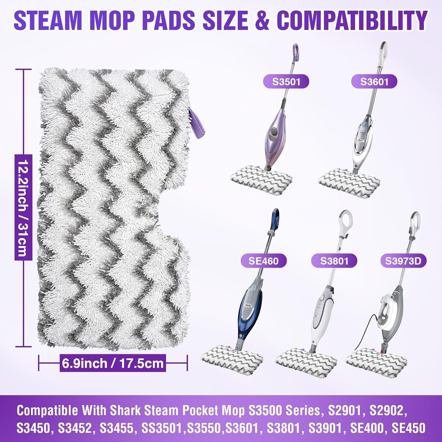 S3501 S3601 Steam Mop Replacement Pads Compatible with Shark Steam Pocket Mops S3501 S3601 S3550 S3801 S3901 S3601D S3801CO S3901D S3455K S2902 SE450, Washable Microfiber Mop Pads Reusable, 3 Pack - Image 3