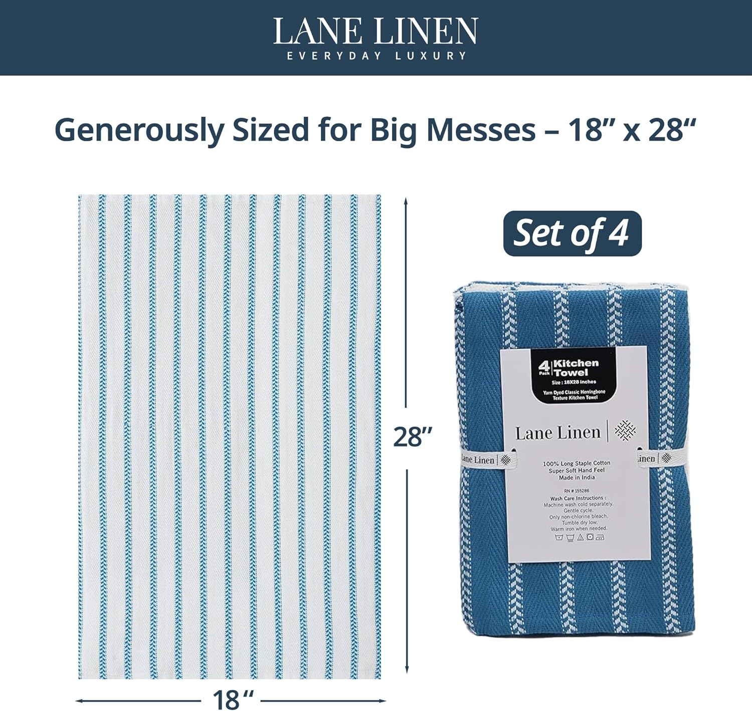 LANE LINEN Kitchen Towels Set - Pack of 4 Cotton Dish Towels for Drying Dishes, 18”x 28”, Absorbent Tea Towels, Quick Drying Kitchen Towel Set - Blue Saphire - Image 2