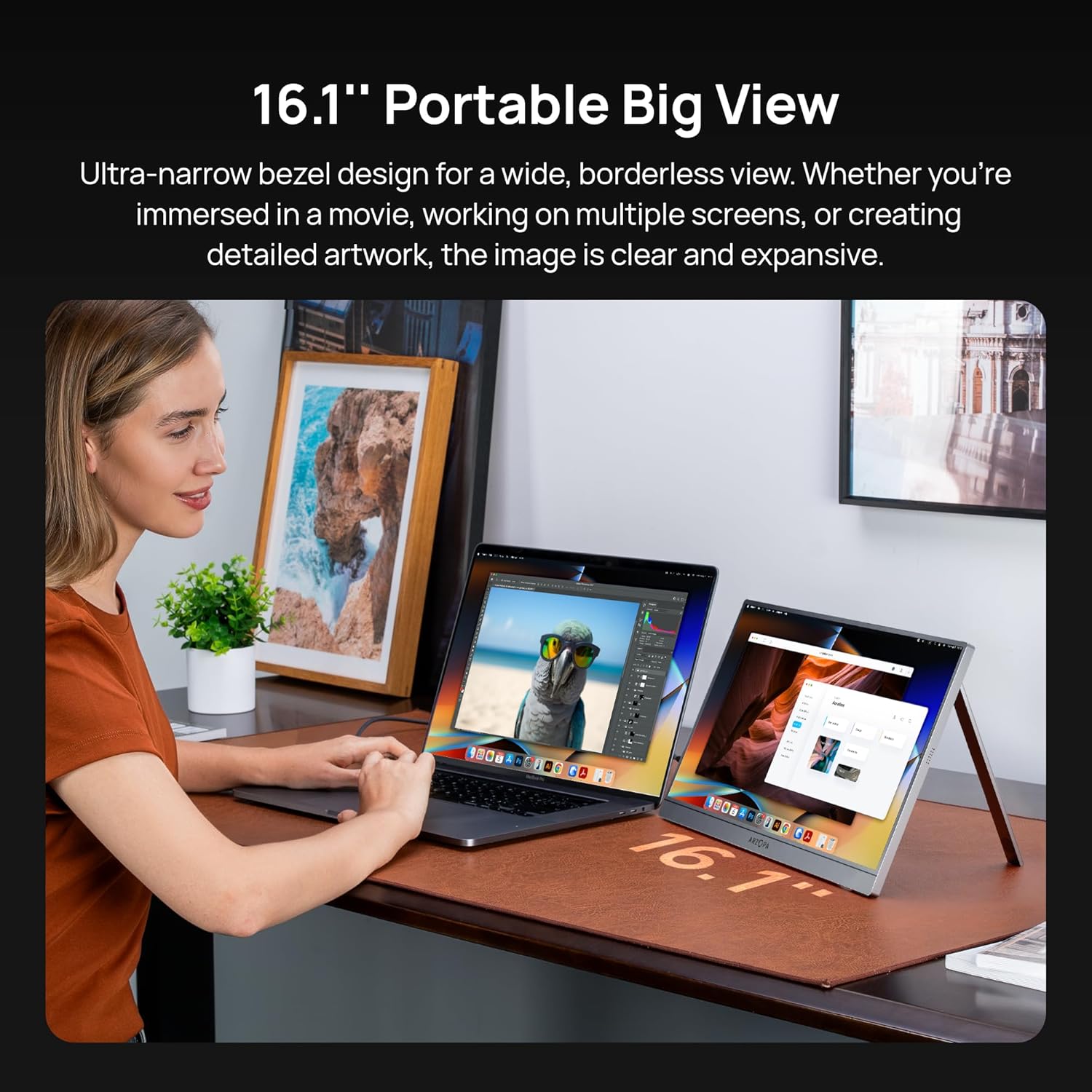 ARZOPA 16.1" Portable Monitor Gray, 100% sRGB FHD 1080P Kickstand Portable Laptop Monitor High Color Gamut Display IPS Eye Care Screen for High-end Office & Entertainment -Z1C Gray - Image 2