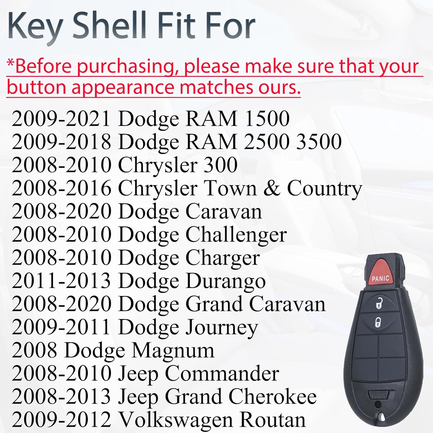 SUPALAND Key Fob Shell Case Replacement Fits for Dodge RAM 1500 2500 3500 Grand Caravan Journey Durango Jeep Grand Cherokee 2010 2011 2012-2017 Keyless Entry Remote Control 3 Button Pad Cover - Image 2