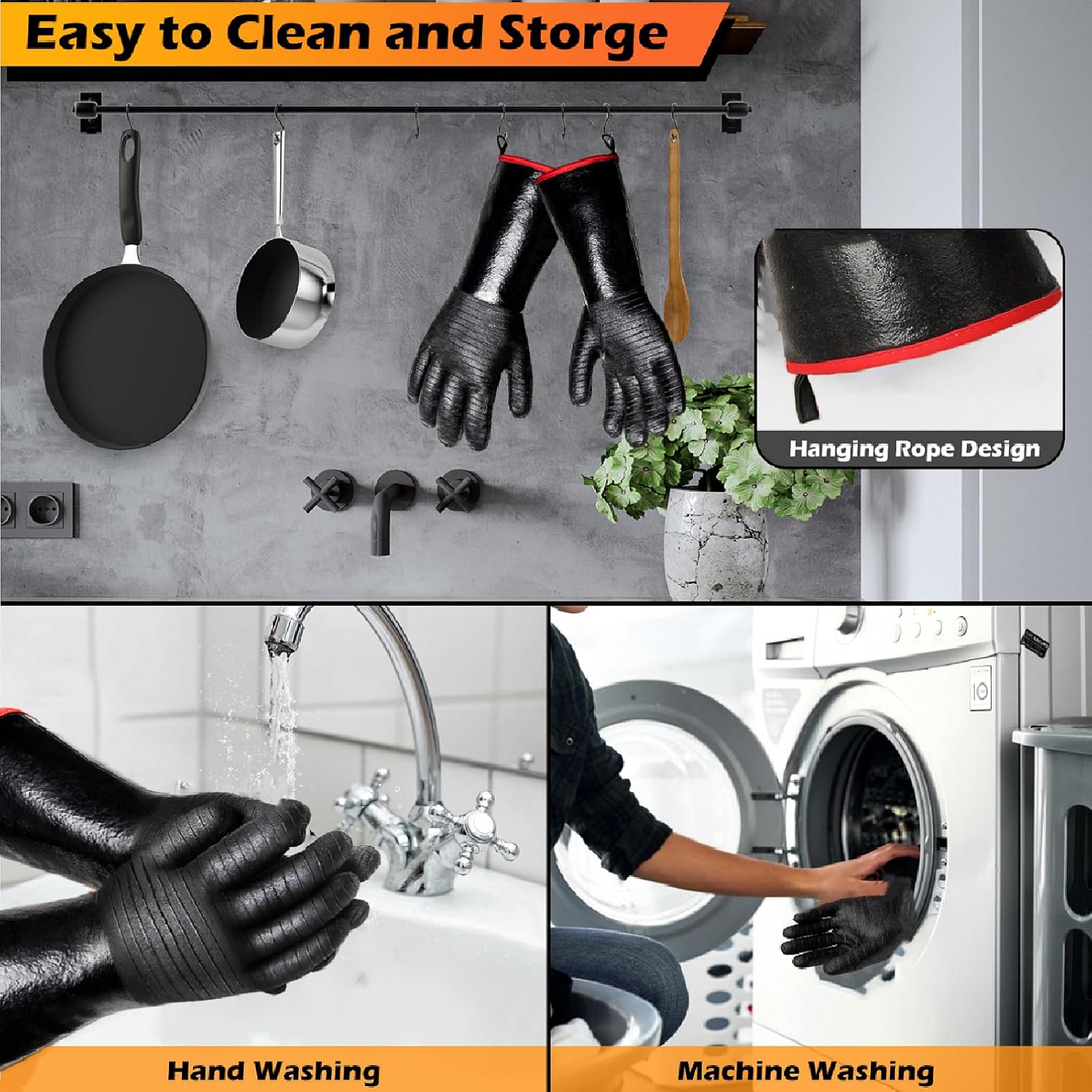 BBQ Gloves - 1472°F Thicken Heat Resistant Gloves w/S-Hook 14 in Kitchen Oven Mitts Waterproof Grill Gloves Oil Resistant Grilling Gloves Cooking Gloves for Turkey Fryer/Baking/Oven/Smoker - Image 5