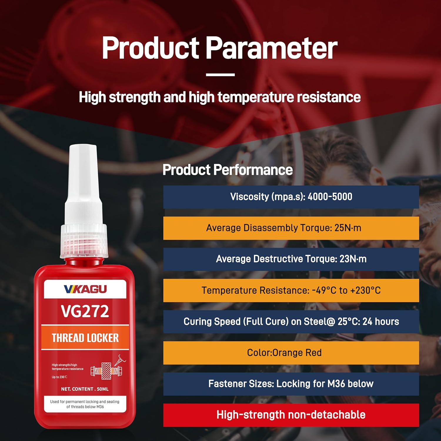 VIKAGU 272 Orange High Temp High Strength Threadlocker - Glue Resists 230°C Heat & Harsh Chemicals -Permanent High-Strength Adhesive for Metal Bolts & Nuts - Industrial Size - 1.69Oz/50ml - Image 2