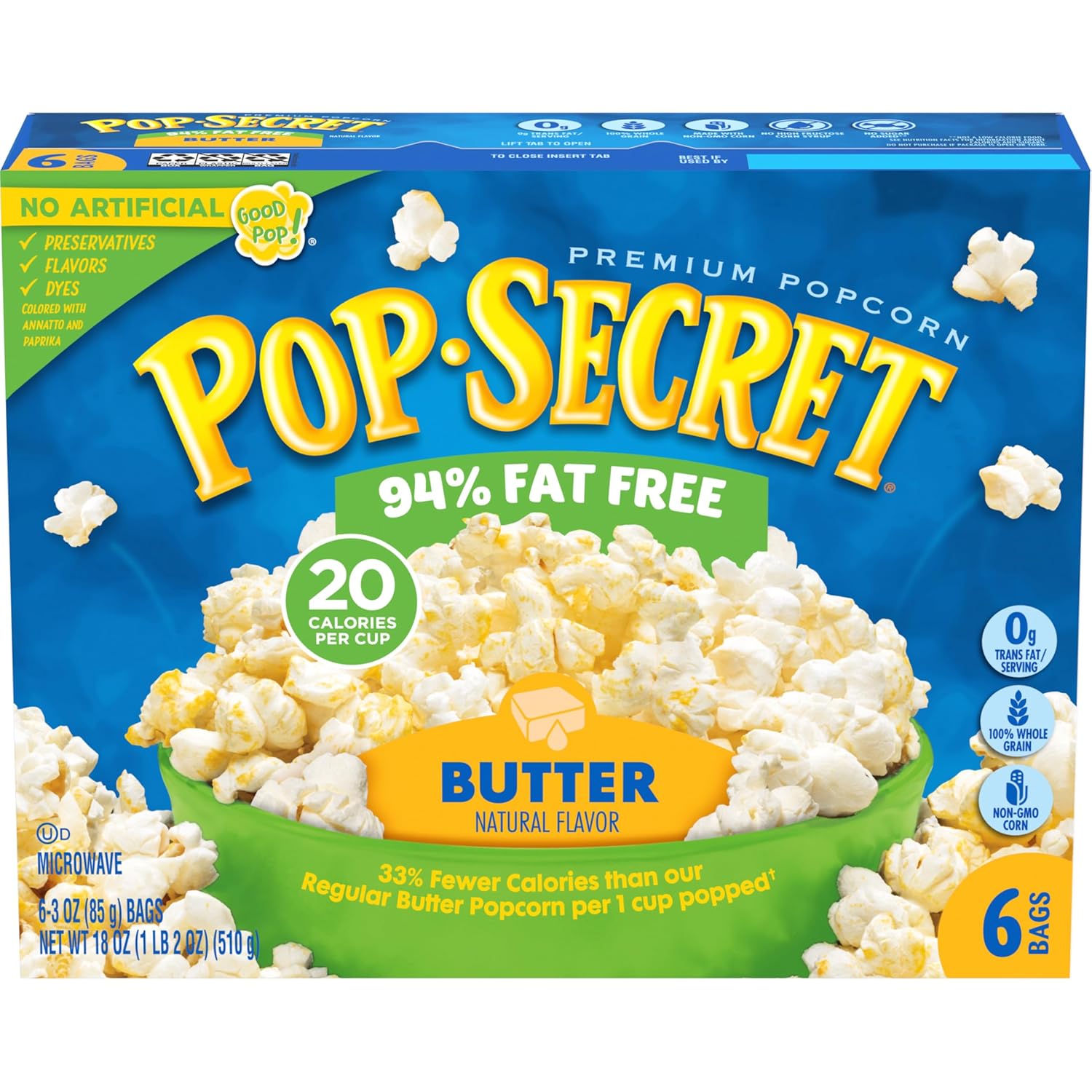 Pop Secret 94% Fat Free Butter Popcorn, 6 Count Boxes (Pack of 6)