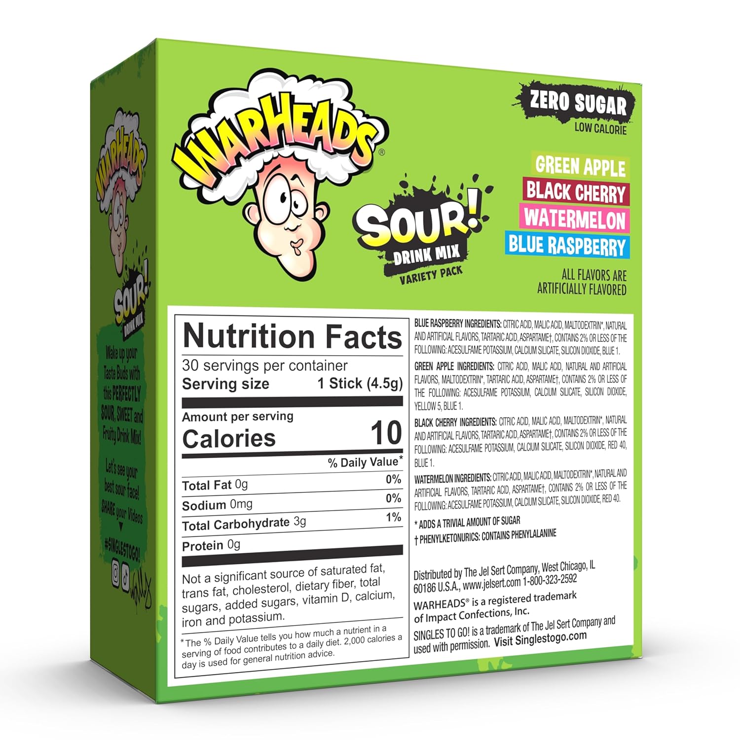 Warheads Singles To Go Sour Drink Mix, 30 Sticks, Variety Pack (Green Apple, Black Cherry, Watermelon, Blue Raspberry), Zero Sugar, Low Calorie - Image 2