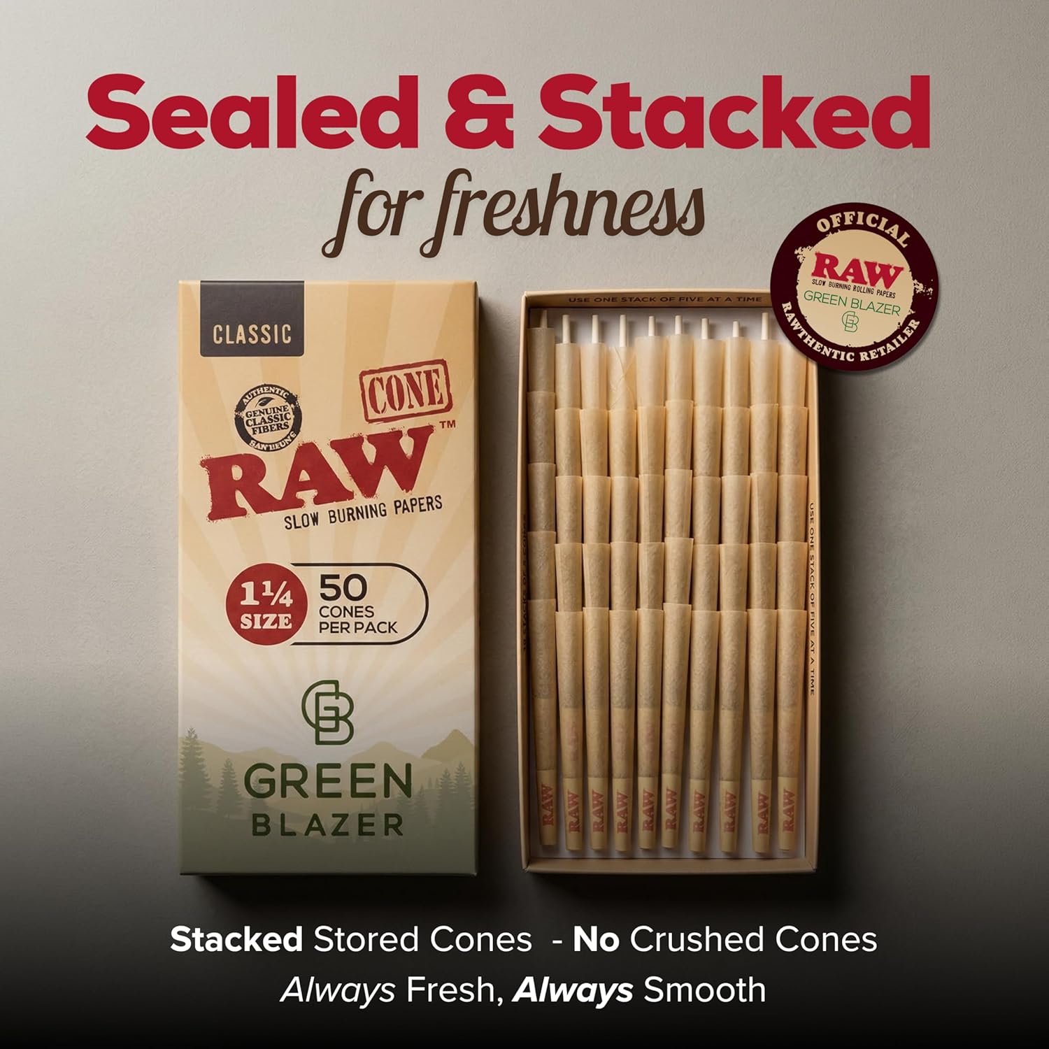 RAW Cones 1 1/4 Size: 50 Pack Patented Slow Burning Pre Rolled Rolling Papers & Tips, Classic Raw Paper, 84mm - Image 4