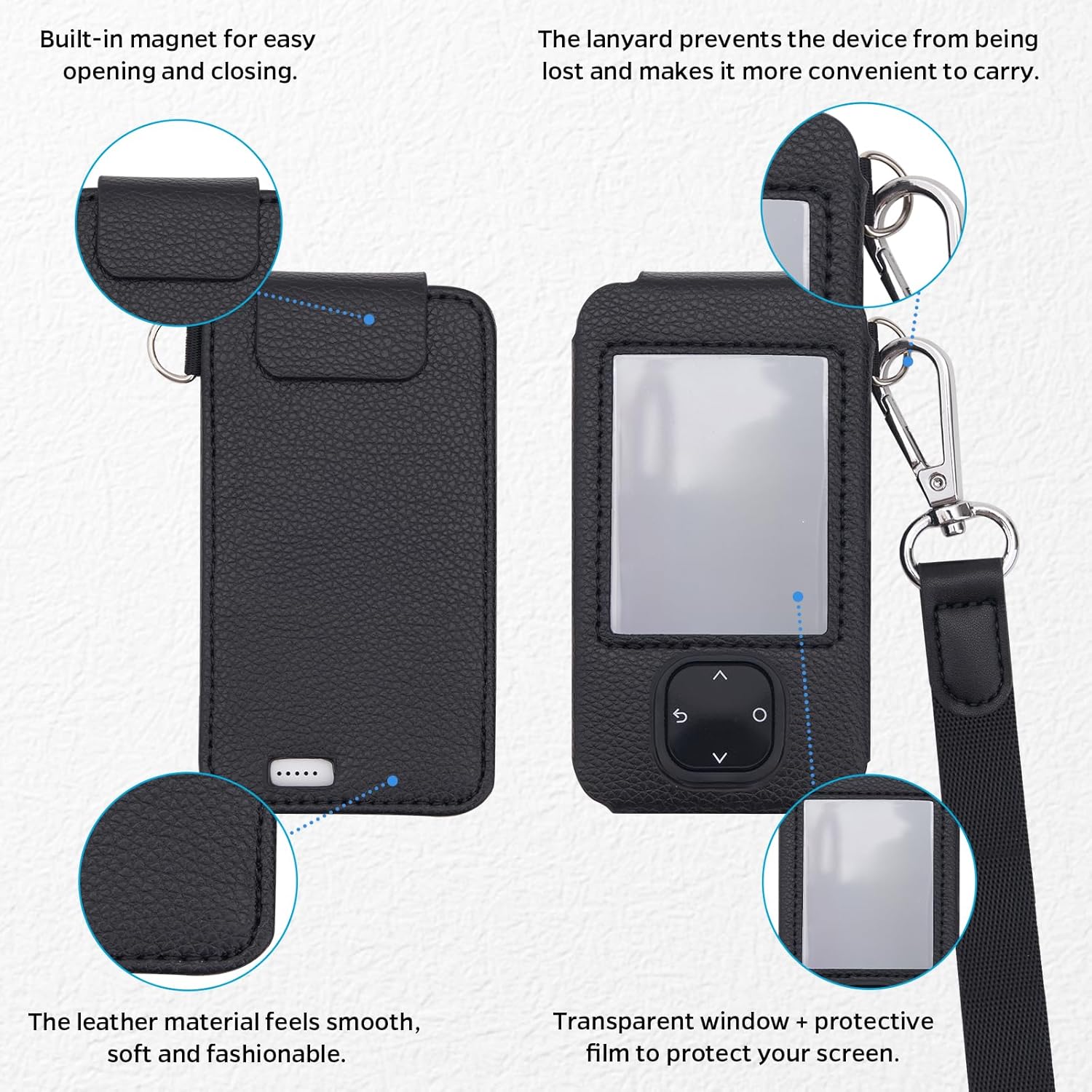 Dexcom G7 Receiver Leather Case with Lanyard and 2PCS Screen Protector (Black) - Image 2
