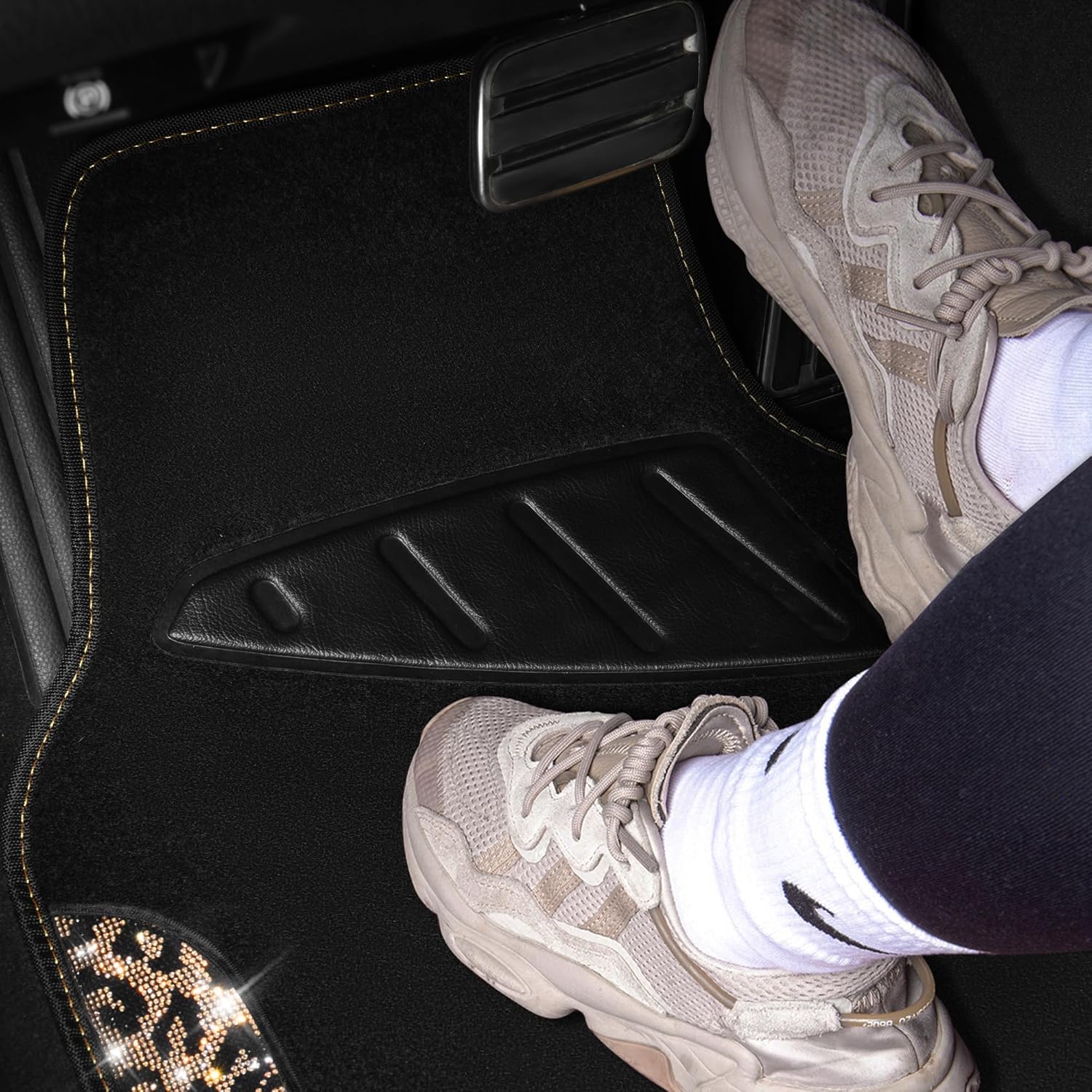 CAR PASS Bling Diamond Car Floor Mats, Shining Rhinestone Carpet Sparkly Glitter Crystal with Anti-Slip PVC Heel Pad Waterproof Universal Fit Automotive SUV,Sedan,Van,Cute Girl Women,4pcs Gold Leopard - Image 4