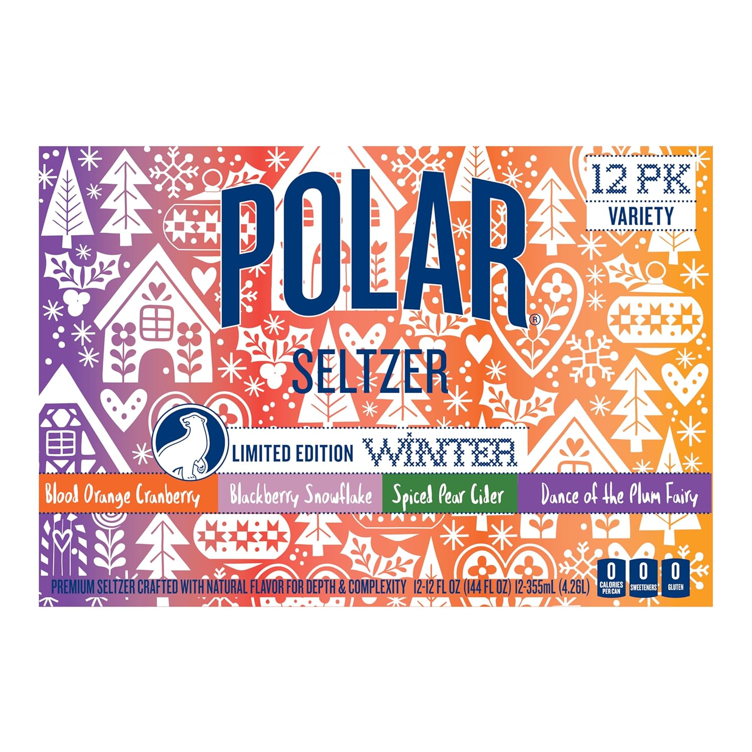 Polar Seltzer Limited Edition Winter Sparkling Water Variety Pack, 12 fl oz Cans, 12 Pack, Seasonal Flavors of Blackberry Snowflake, Dance of the Plum Fairy, Blood Orange Cranberry & Spiced Pear Cider - Image 5