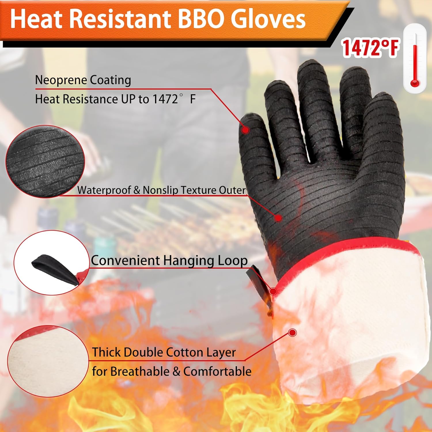 BBQ Gloves - 1472°F Thicken Heat Resistant Gloves w/S-Hook 14 in Kitchen Oven Mitts Waterproof Grill Gloves Oil Resistant Grilling Gloves Cooking Gloves for Turkey Fryer/Baking/Oven/Smoker - Image 2
