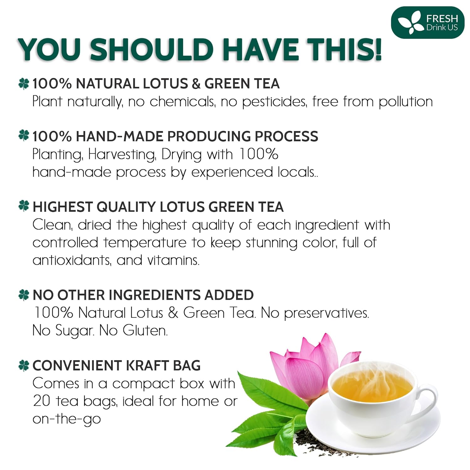 FreshDrinkUS, Premium 20 Tea Bags of Lotus Green Tea, 100% Natural. Exquisite Flavor, Handpicked Leaves, Perfect for Tea Lovers. No Sugar, No Gluten, Vegan. - Image 3