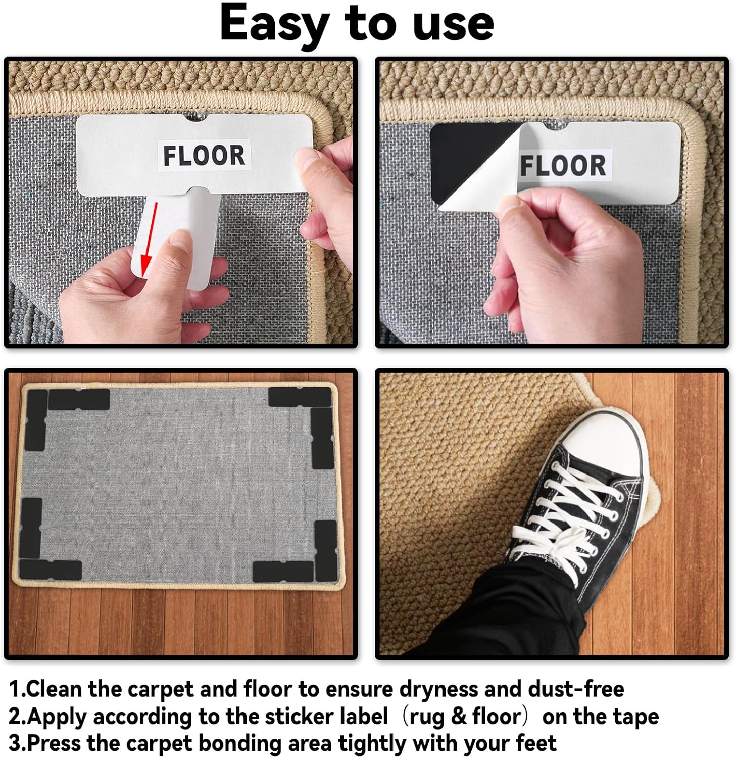 Rug Non Slip Grippers, Reusable Rug Tape, No Damaging for Hardwood Floors and Tiles, Carpet Grippers Stickers Pads for Area Rugs Corners Flat, 4Pcs - Image 6