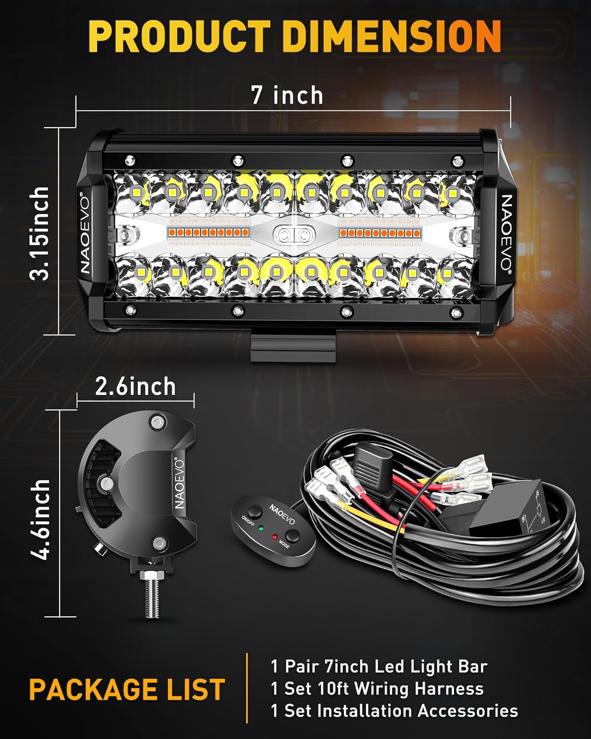 NAOEVO 7 Inch LED Light Bar, White Amber Offroad Fog/Driving Lights LED Pods with Strobe/Memory Function, 2 Leads Wiring Harness Included, Work for Truck Boat ATV UTV, 2-Pack (6 Modes) - Image 8