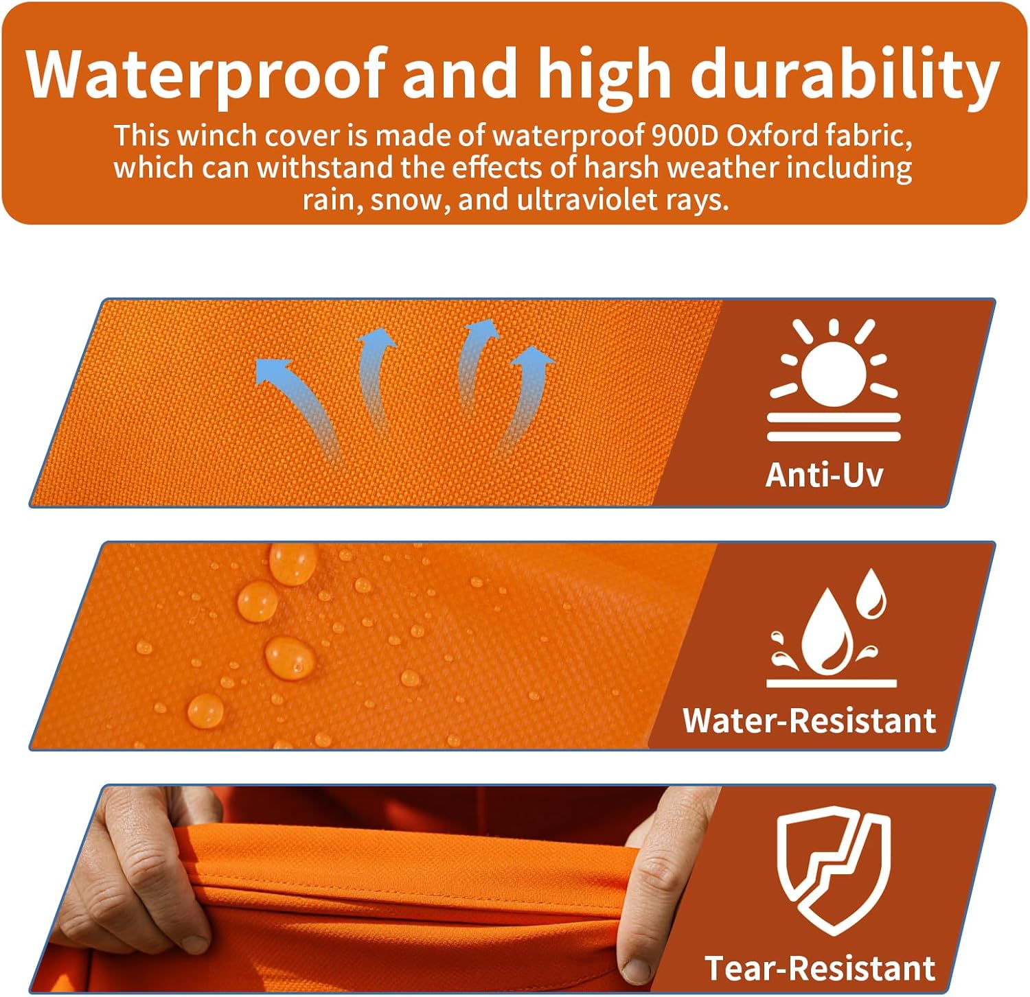 Badlands Winch Cover 12000 Lb Waterproof, winch accessories, High Durability Heavy Duty Oxford Fabric Dust Prevention Sunproof with Reflective Ribbon for Electric Winch (Orange) - Image 6