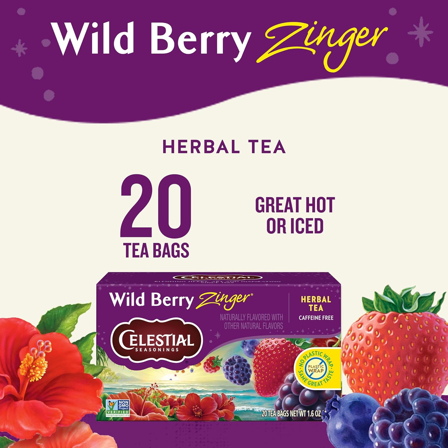 Celestial Seasonings Wild Berry Zinger Herbal Tea, Caffeine Free, 20 Tea Bags Box - Image 2