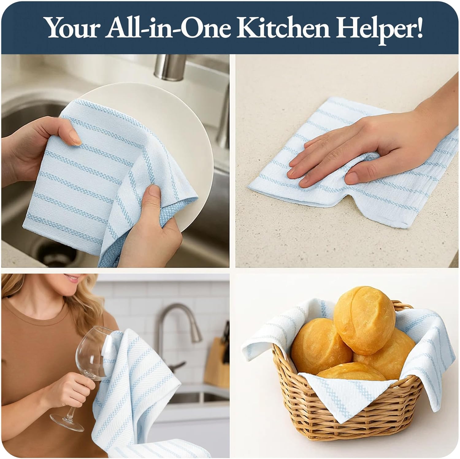LANE LINEN Kitchen Towels Set - Pack of 4 Cotton Dish Towels for Drying Dishes, 18”x 28”, Absorbent Tea Towels, Quick Drying Kitchen Towel Set - Blue Saphire - Image 4