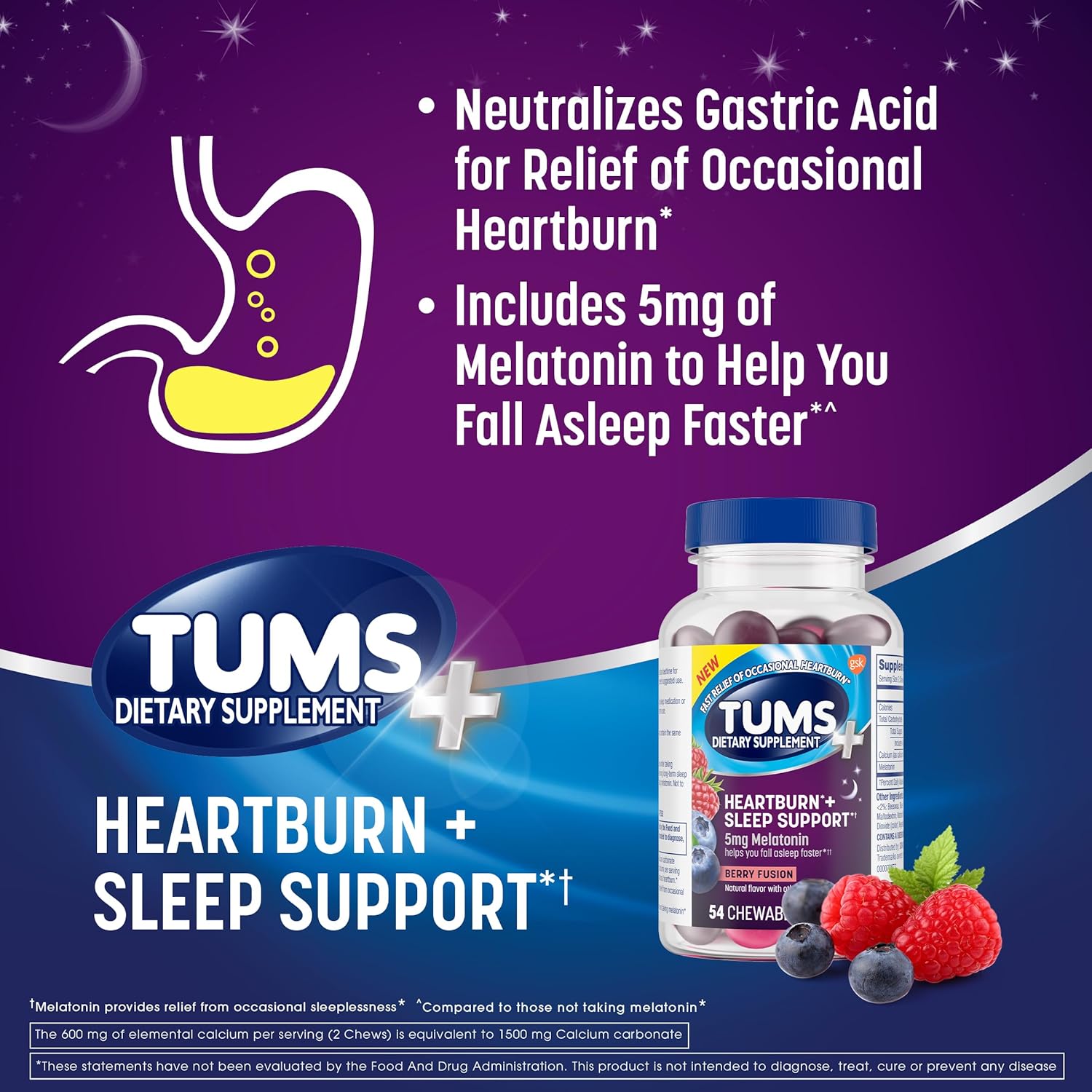 TUMS Heartburn Plus Sleep Support Chewable Dietary Supplement Tablets for Occasional Heartburn Relief Plus Sleep Support, Berry Fusion - 54 Count - Image 9