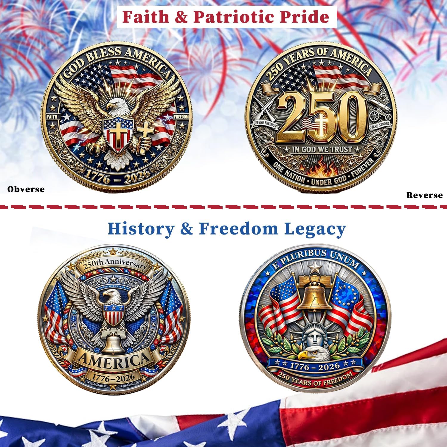 2 Pack 250th Anniversary USA Commemorative Coin, 250th US Independence Anniversary Challenge Coin - 1776-2026, 250 Year American AnniversaryCoins Gift (in God We Trust) - Image 2