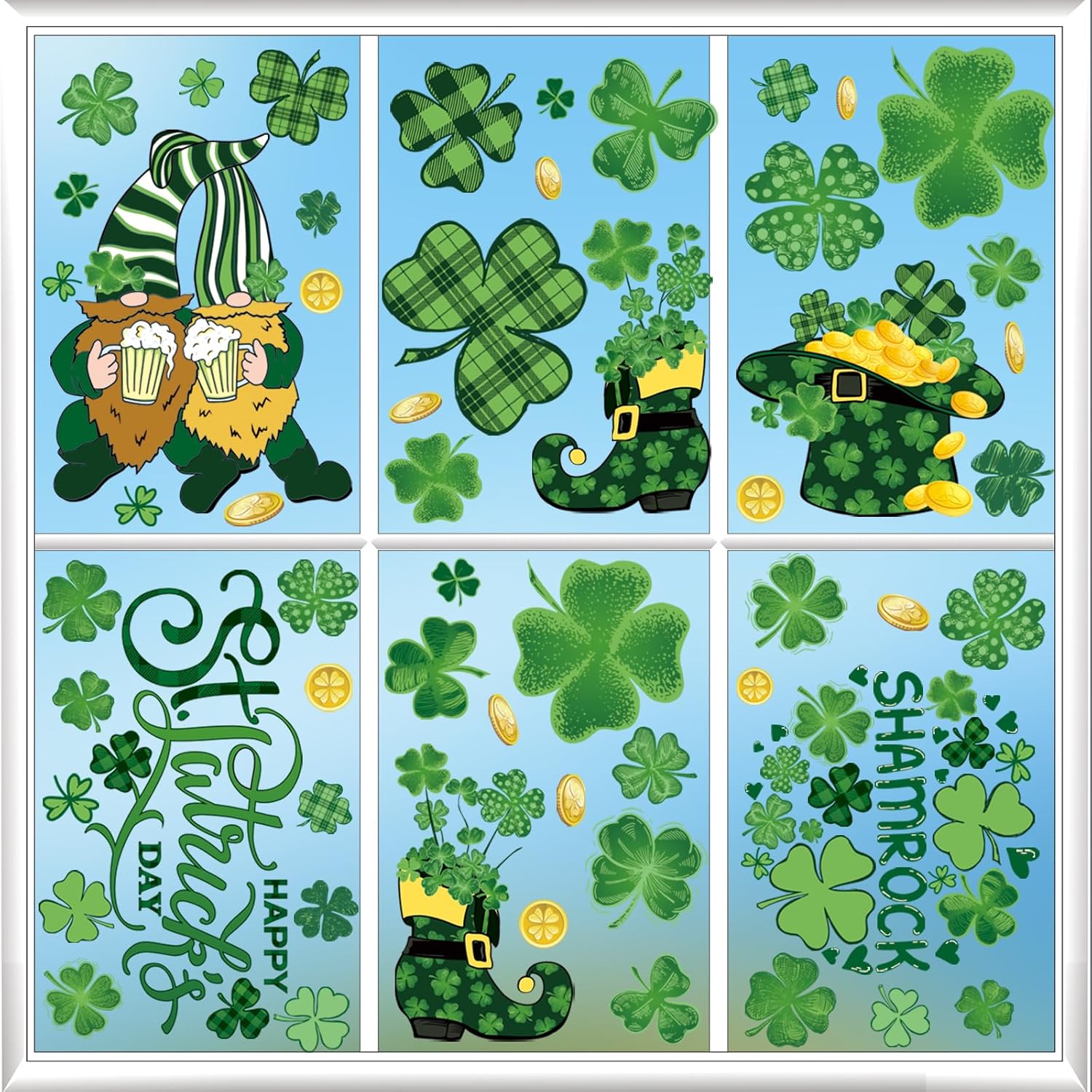 St Patricks Day Decorations Window Clings, 9 Sheets St. Patrick's Day Extra Large Window Cling Stickers for Glass, Gnome Shamrock Irish Holiday Clings Decals for Indoor Home Shop Kitchen Office Decor