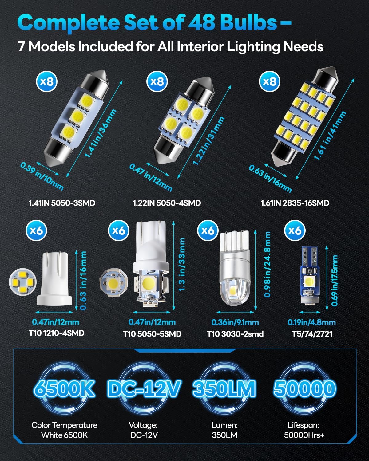 48Pcs Led Interior Car Lights Kit, 6500K White Interior Bulbs Replacement (194 T10 DE3175 W5W 168 578 2825 T5 31mm 36mm 41mm), Dome Map Dash Door Trunk License Plate Lights for Cars Trucks RVs - Image 2