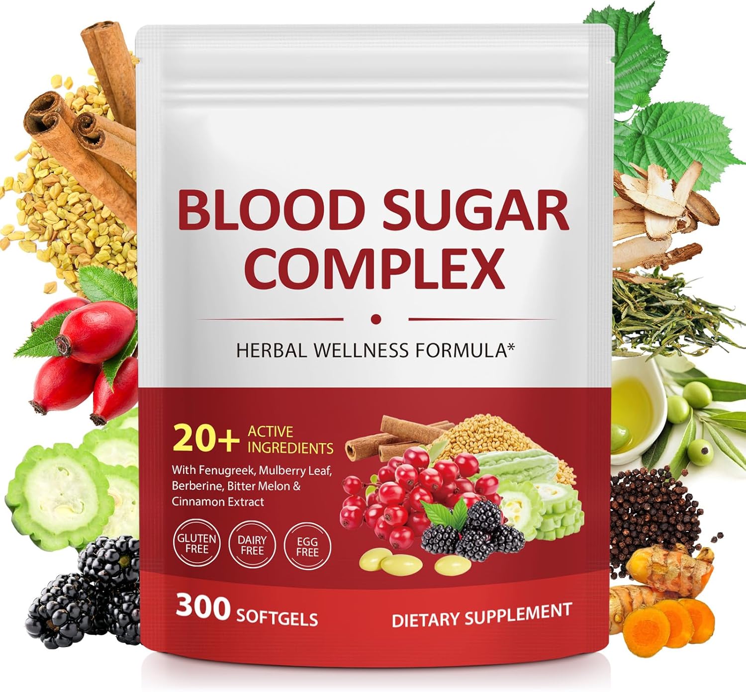 300 Softgels Blood Sugar Complex Supplement | 20+ Active Herbs-Berberine, Cinnamon, Bitter Melon, Mulberry Leaf, Fenugreek, Vitamins for Energy Level, Vitality Support | Clean Formula