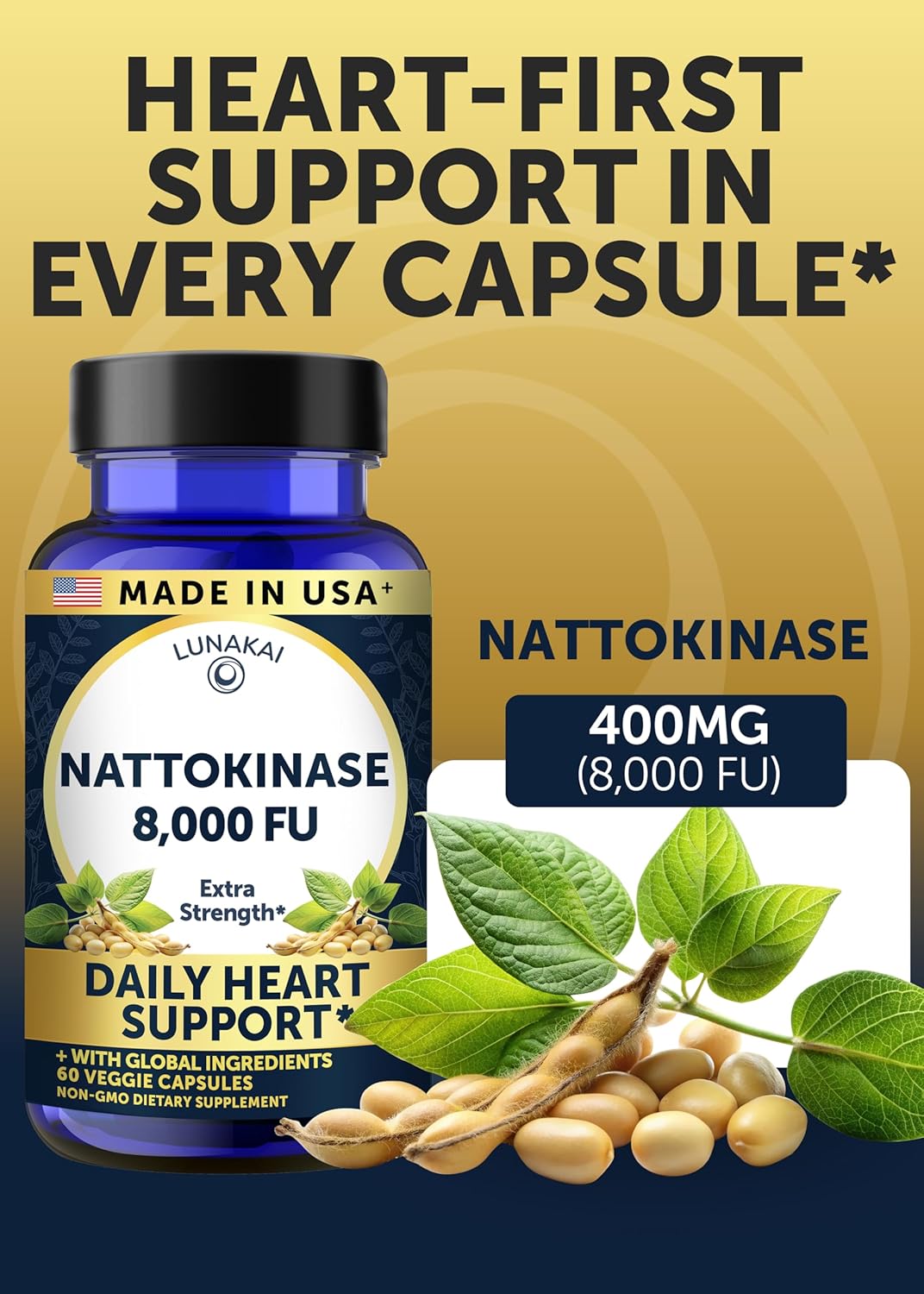 Lunakai USA Made Nattokinase Supplement – 400mg Natto Enzyme, 8000 FU per Serving – Heart & Circulation Support – Non-GMO, 60ct, 4000 FU Capsule - Image 3
