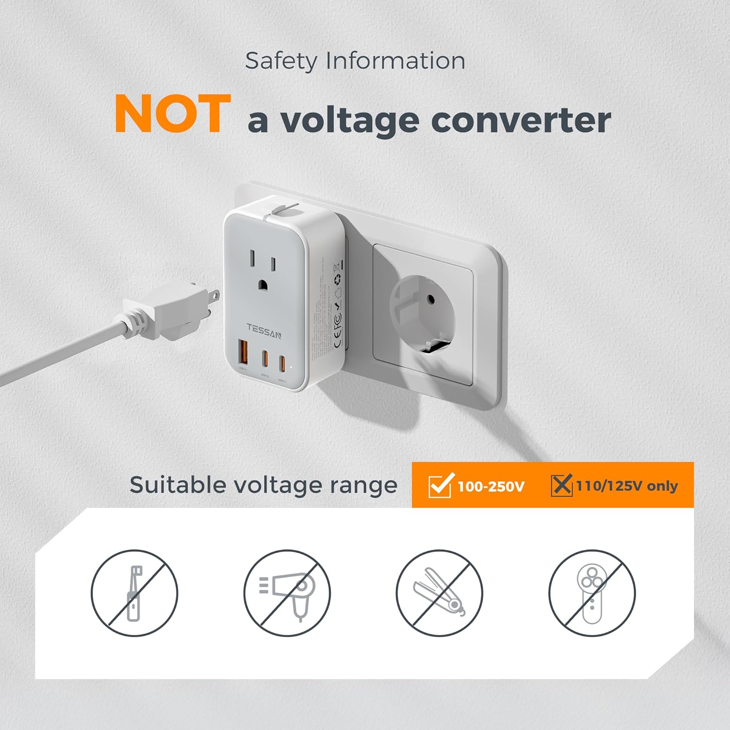 TESSAN Universal Travel Adapter PD 20W, Ultra Thin International Power Adapter 2 USB C 1 USB A, Worldwide Power Plug Adaptor for USA to European UK Italy Ireland New Zealand (Type C/G/A/I), Grey - Image 6