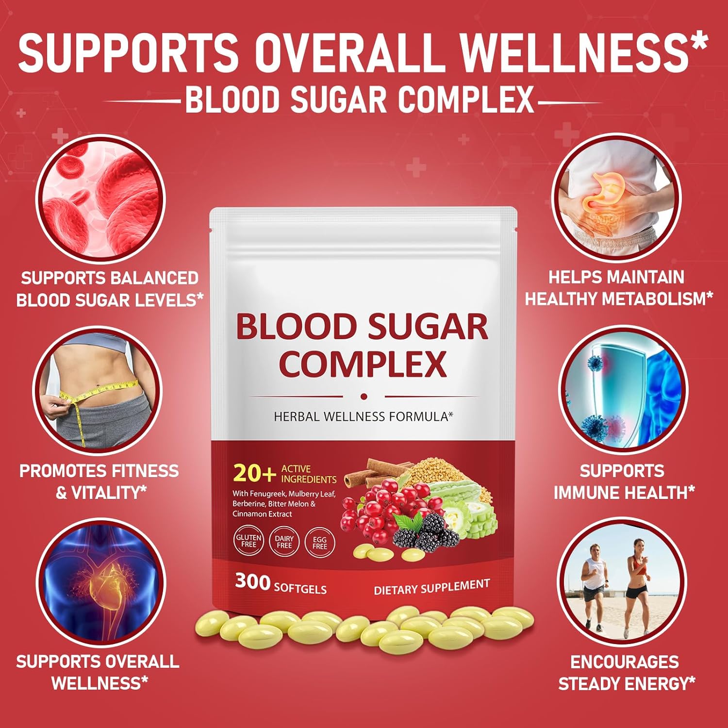 300 Softgels Blood Sugar Complex Supplement | 20+ Active Herbs-Berberine, Cinnamon, Bitter Melon, Mulberry Leaf, Fenugreek, Vitamins for Energy Level, Vitality Support | Clean Formula - Image 4