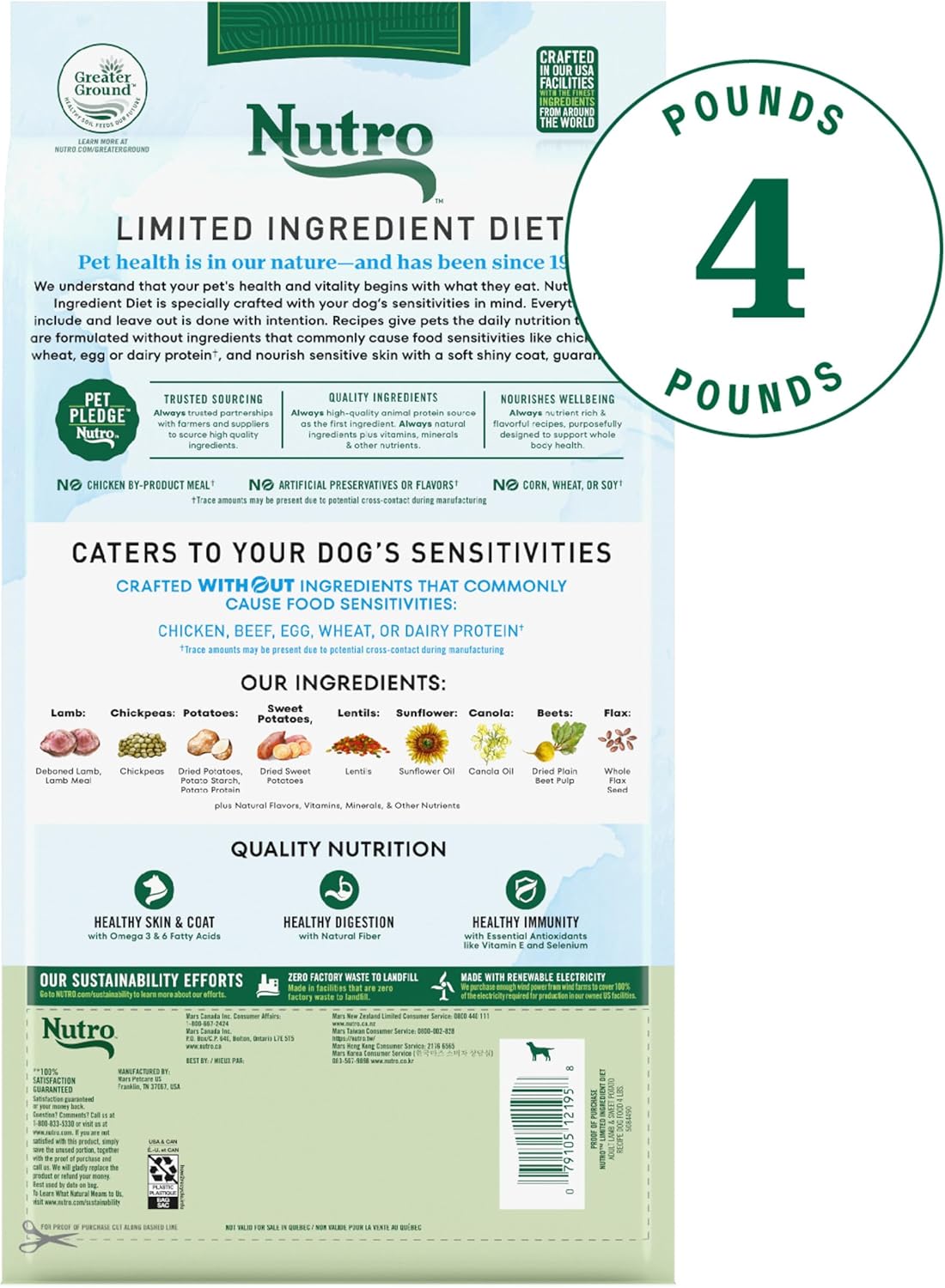 Nutro Limited Ingredient Diet Dry Dog Food, Adult Dog Food Dry Lamb & Sweet Potato Recipe, 4 lb. Bag - Image 2