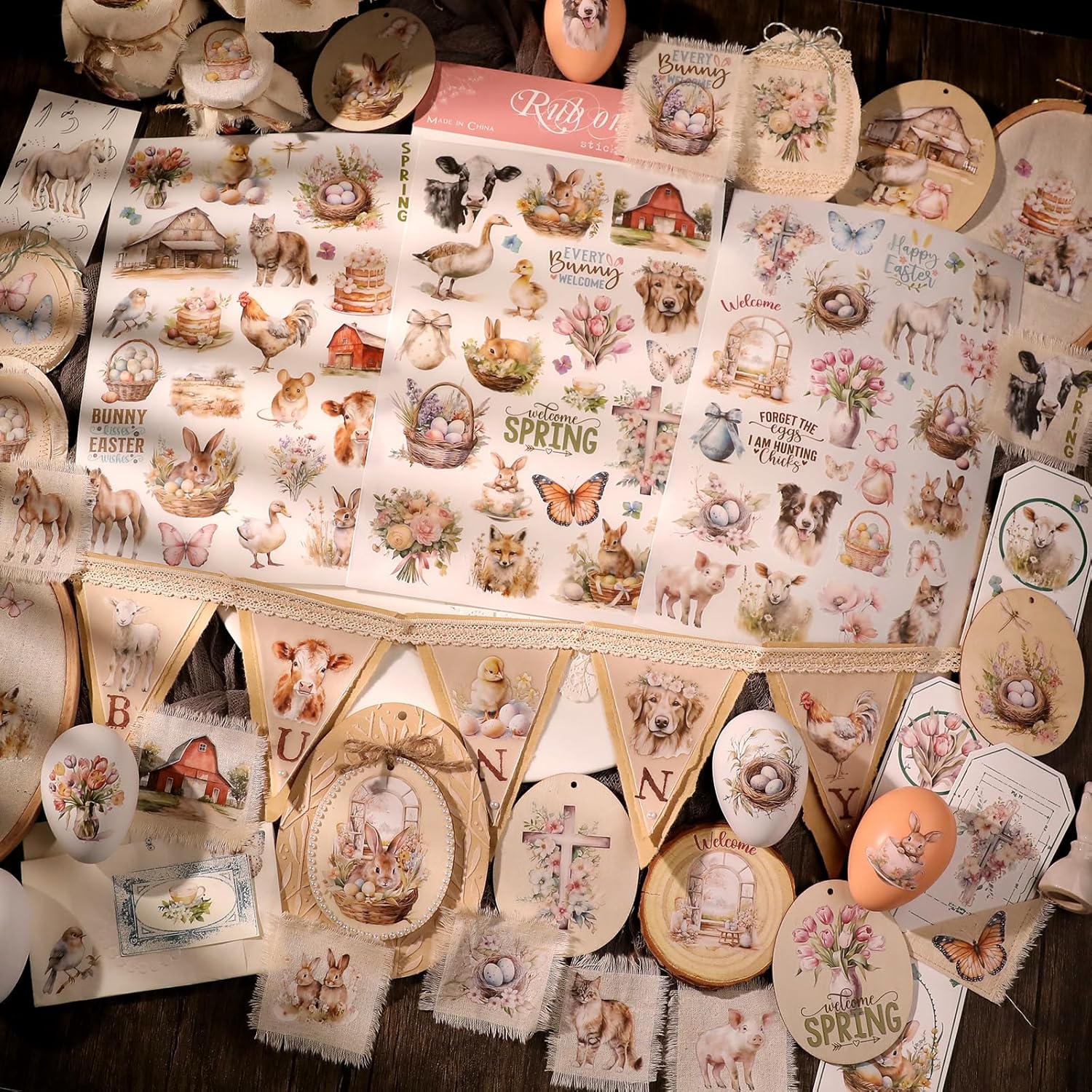 Spring Easter Crafts Rub On Transfers Sticker Vintage Floral Farm Rabbit Cow Decal DIY Egg Cute Bunny Use for Fabric Clay Paper Wood Holiday Scrapbooking Embellishments (Larger 3 Sheets) - Image 3