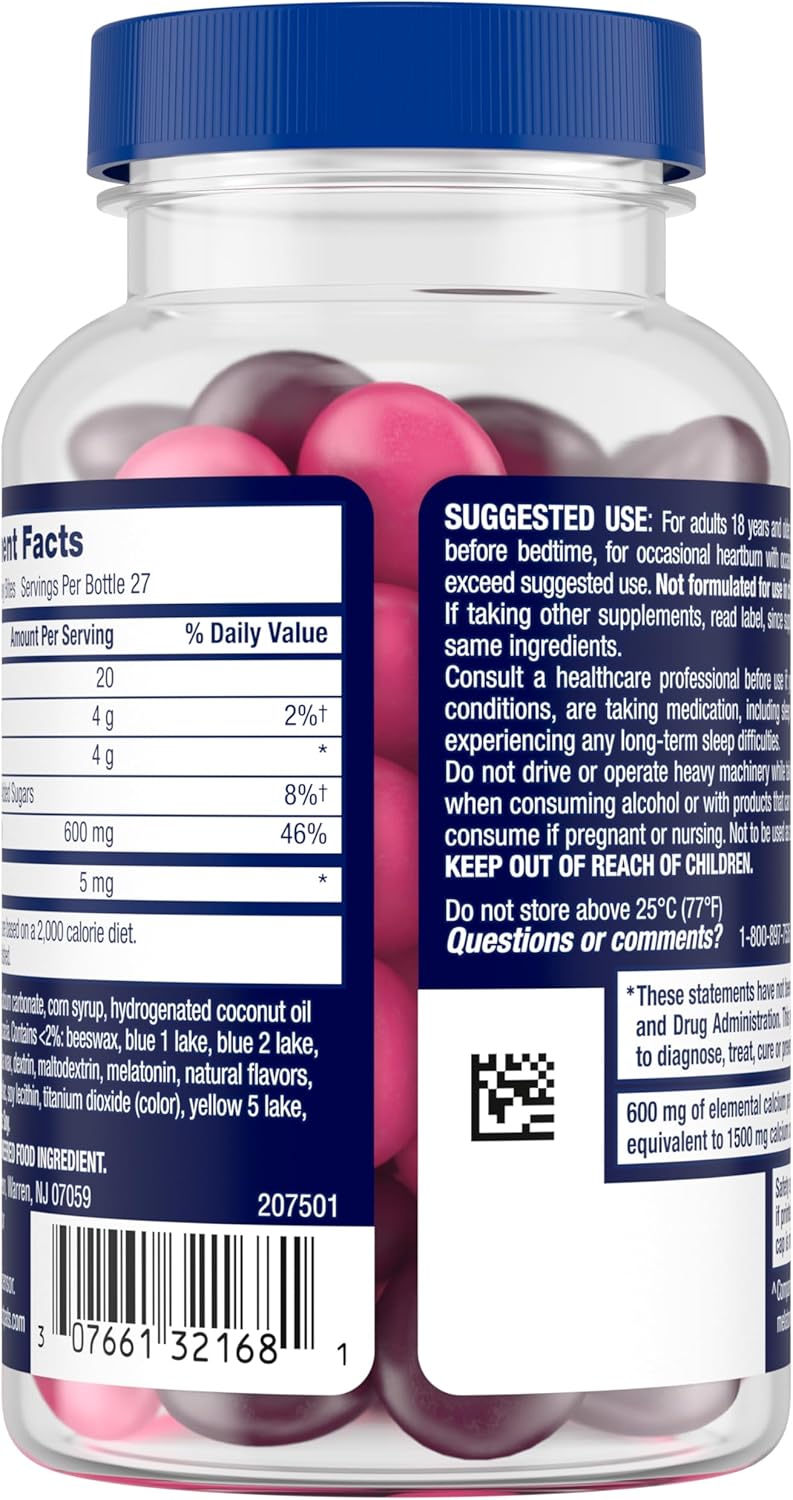 TUMS Heartburn Plus Sleep Support Chewable Dietary Supplement Tablets for Occasional Heartburn Relief Plus Sleep Support, Berry Fusion - 54 Count - Image 13