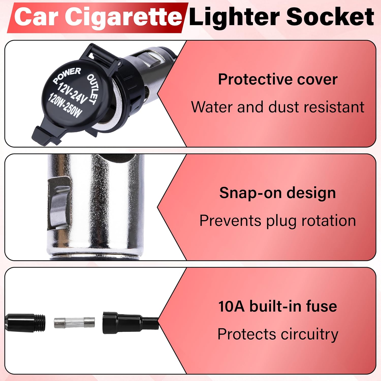 2 PCS Car Cigarette Lighter Socket, Cigarette Lighter Replacement, 12 Volt Female Power Outlet Socket with Cover and Wiring Harness, Universal for Car, Automotive, Truck, RV, Boat, Motorcycle - Image 3