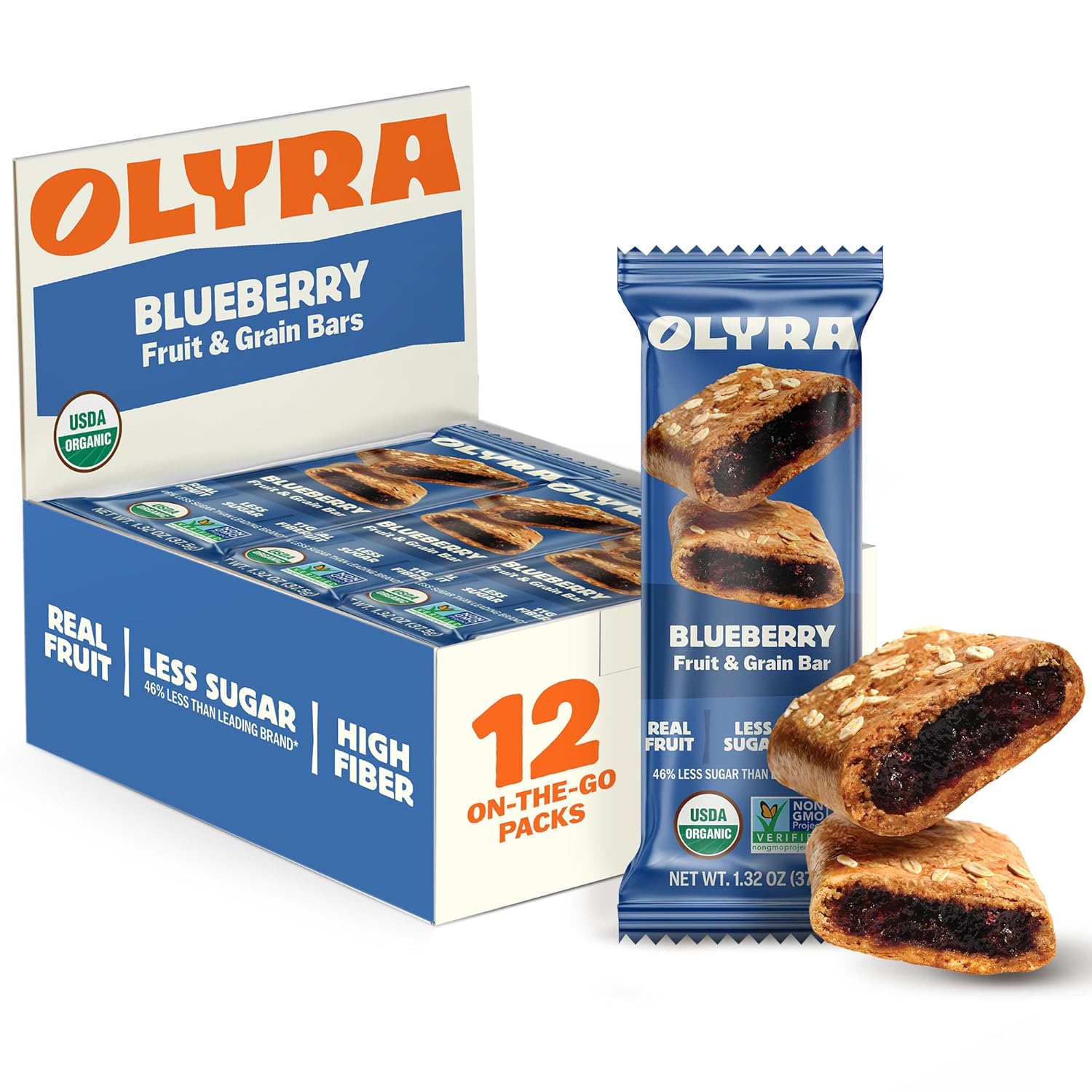 Olyra Blueberry Fruit Bars, Soft Baked, Prebiotic High Fiber Snack, Organic Snacks, Healthy Snacks for Adults and Kids, Low Sugar, Vegan, Office Breakfast Bars, USDA Certified Organic, Non GMO (Pack of 12)